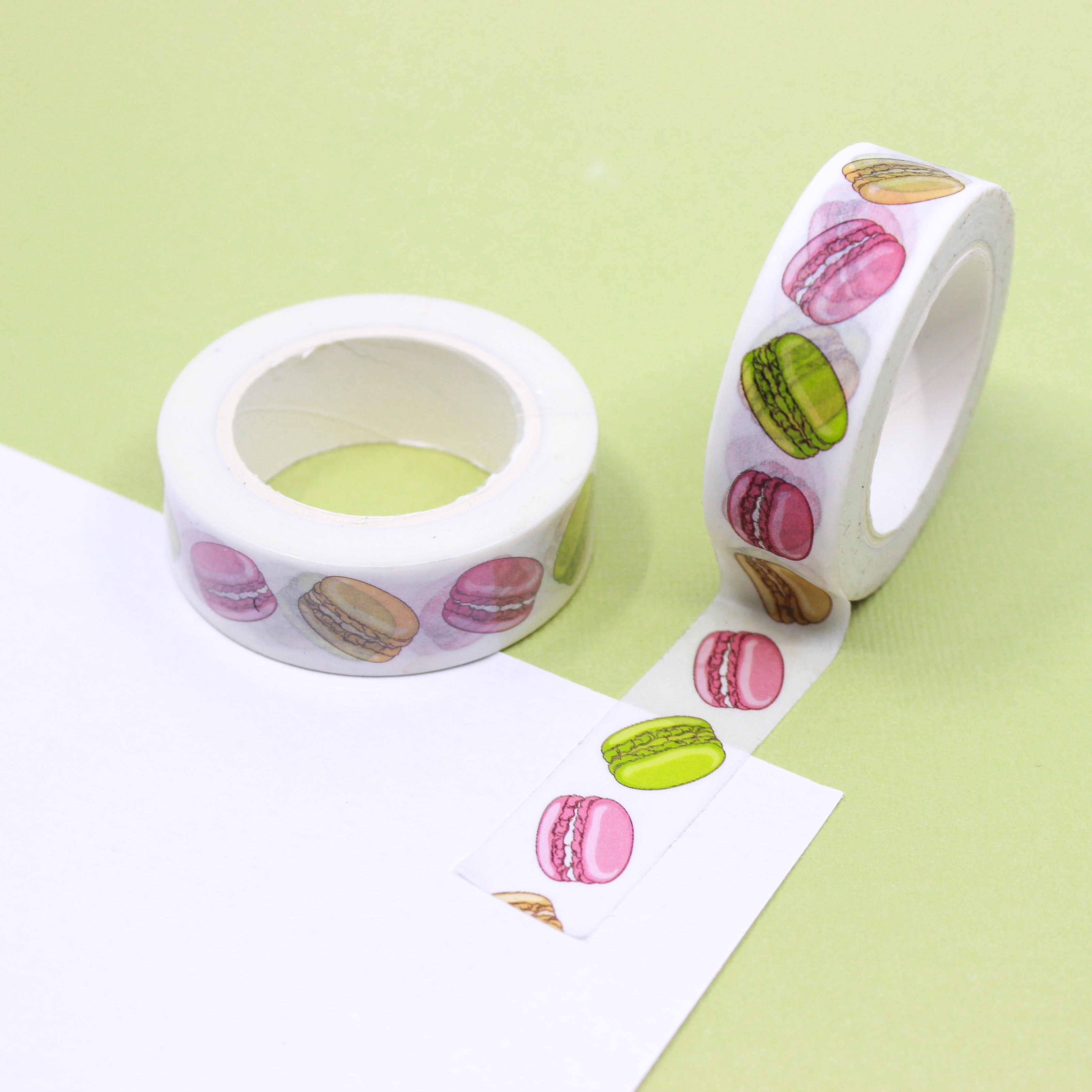 Add a sweet touch to your crafts with our Colorful Macaroons Cake Washi Tape, adorned with delightful macaroon illustrations. Perfect for adding a whimsical and dessert-inspired touch to your projects. This tape is sold at BBB Supplies Craft Shop. 