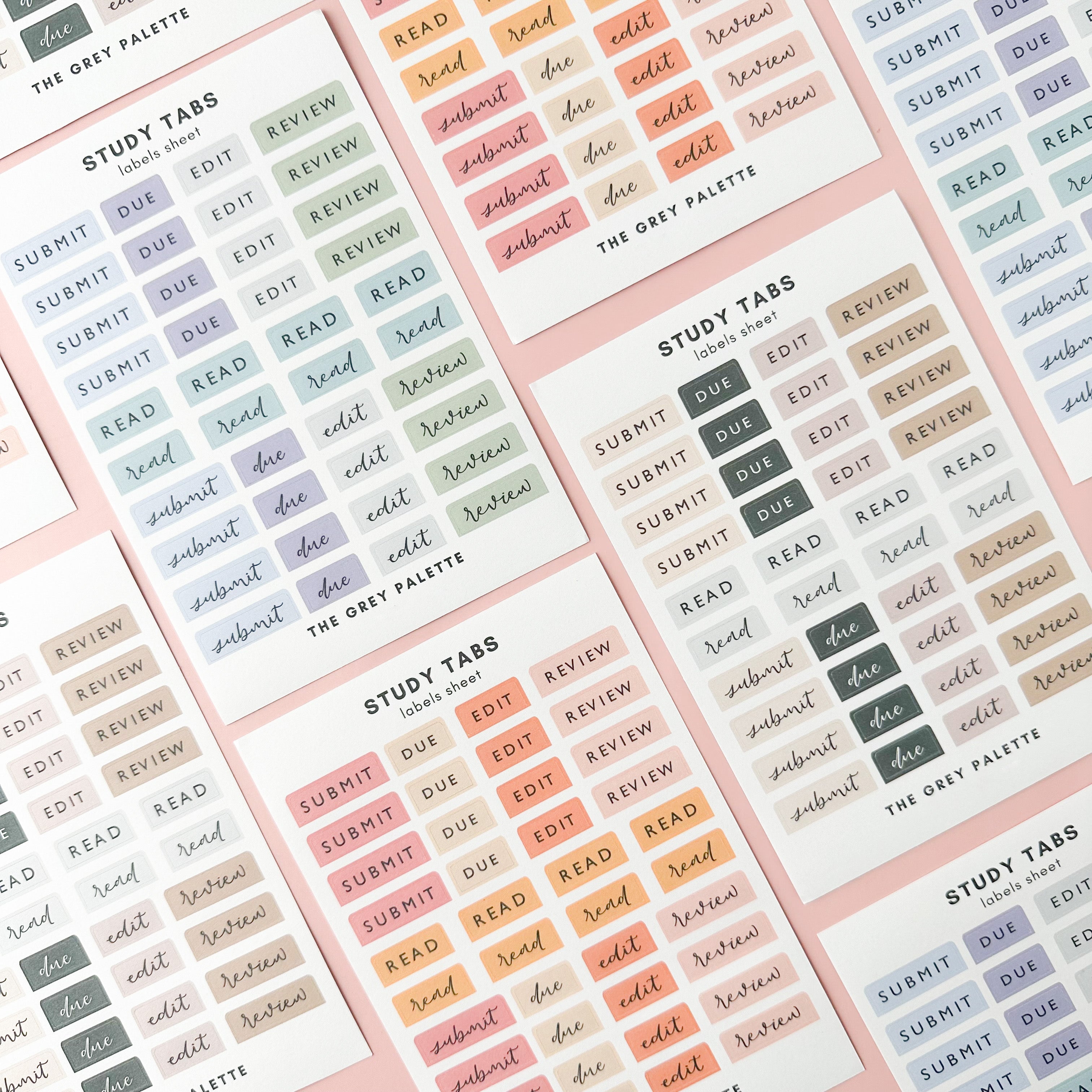 These Study notes sticker sheets feature phrases such as Submit, Due, Edit, Review and read in multiple fonts and color ways. These stickers are from The Grey Palette and sold at BBB Supplies Craft Shop.