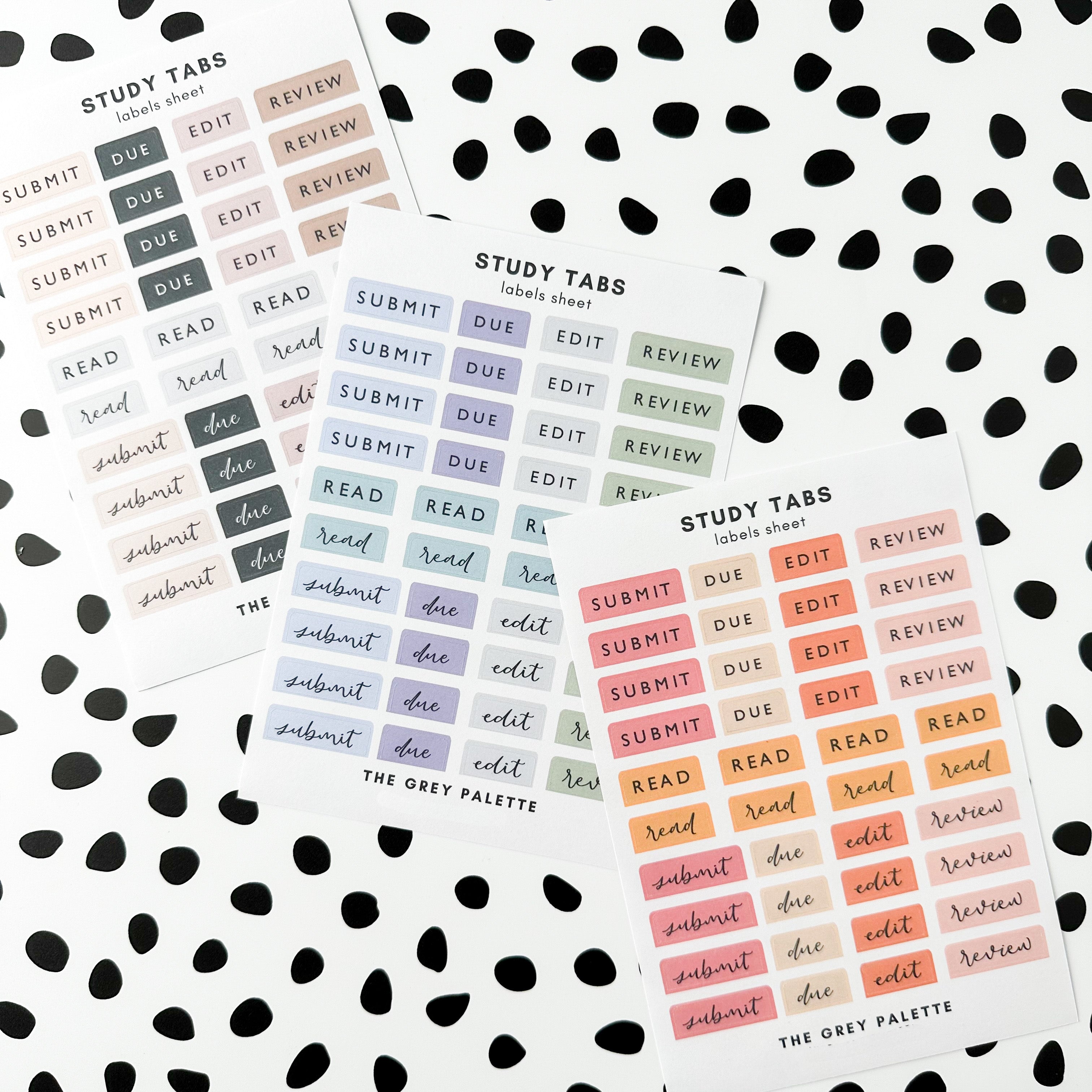 These Study notes sticker sheets feature phrases such as Submit, Due, Edit, Review and read in multiple fonts and color ways. These stickers are from The Grey Palette and sold at BBB Supplies Craft Shop.