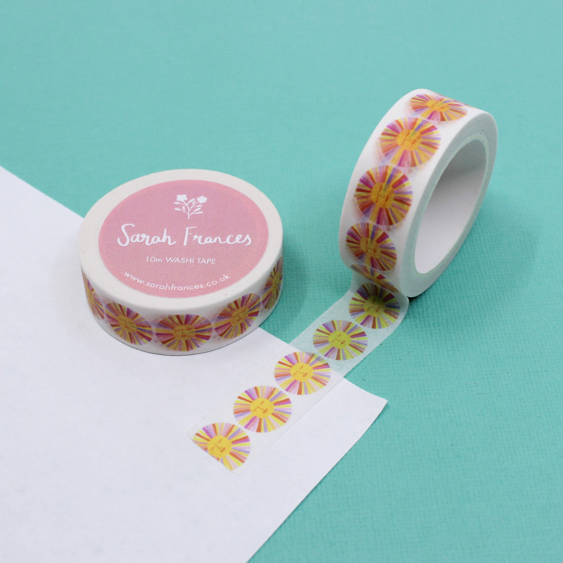 This is colorful sunshine washi tape with a joyful look that is perfect for gratitude journaling, BUJO or handmade cards. This tape is from Sarah Frances Designs and sold at BBB Supplies Craft Shop.