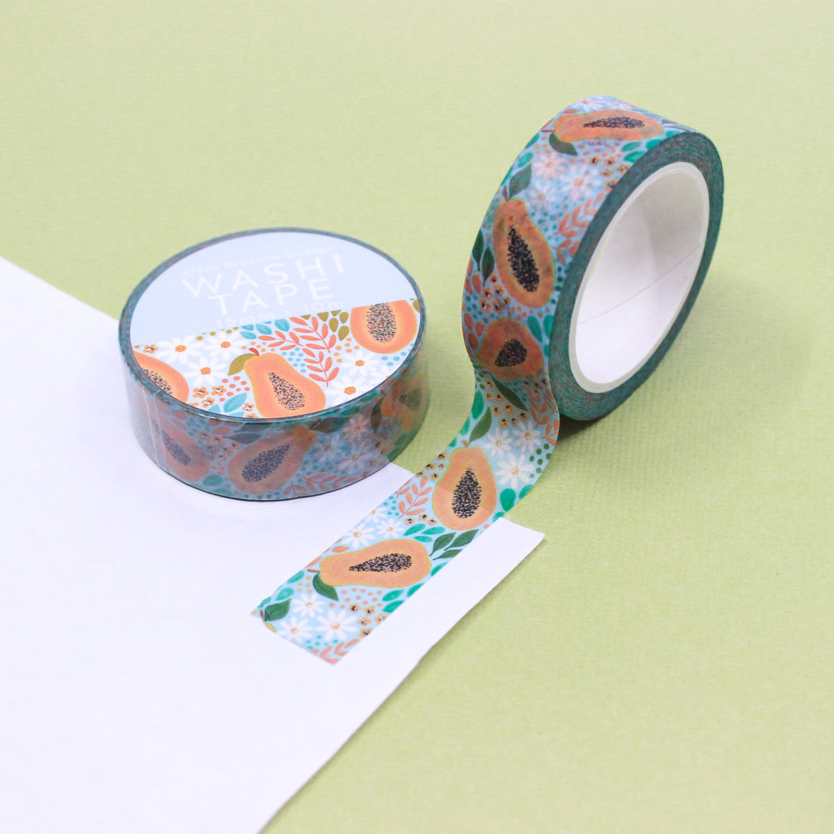 Colorful Papaya Washi Tape: Vibrant, tropical-themed tape with playful papaya illustrations, ideal for enhancing crafts, planners, and journals. This tape is from Elyse Breanne Designs and sold at BBB Supplies Craft Shop.