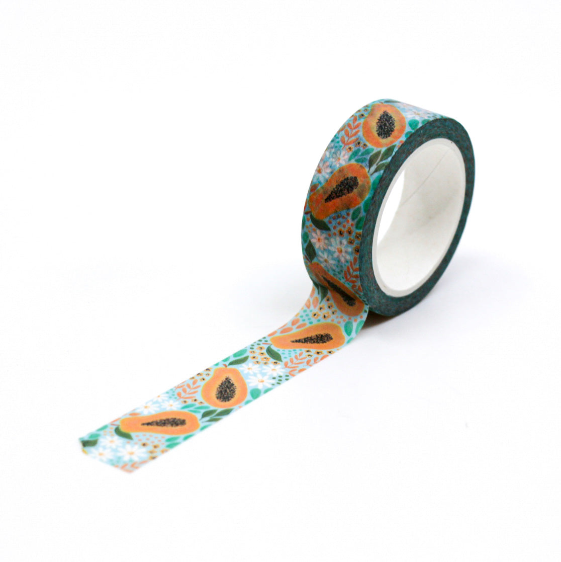 Colorful Papaya Washi Tape: Vibrant, tropical-themed tape with playful papaya illustrations, ideal for enhancing crafts, planners, and journals. This tape is from Elyse Breanne Designs and sold at BBB Supplies Craft Shop.