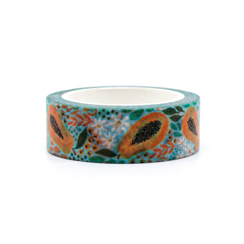 Colorful Papaya Washi Tape: Vibrant, tropical-themed tape with playful papaya illustrations, ideal for enhancing crafts, planners, and journals. This tape is from Elyse Breanne Designs and sold at BBB Supplies Craft Shop.
