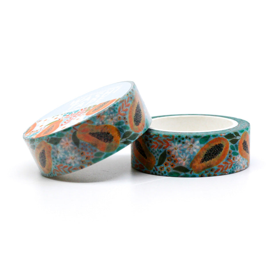 Colorful Papaya Washi Tape: Vibrant, tropical-themed tape with playful papaya illustrations, ideal for enhancing crafts, planners, and journals. This tape is from Elyse Breanne Designs and sold at BBB Supplies Craft Shop.