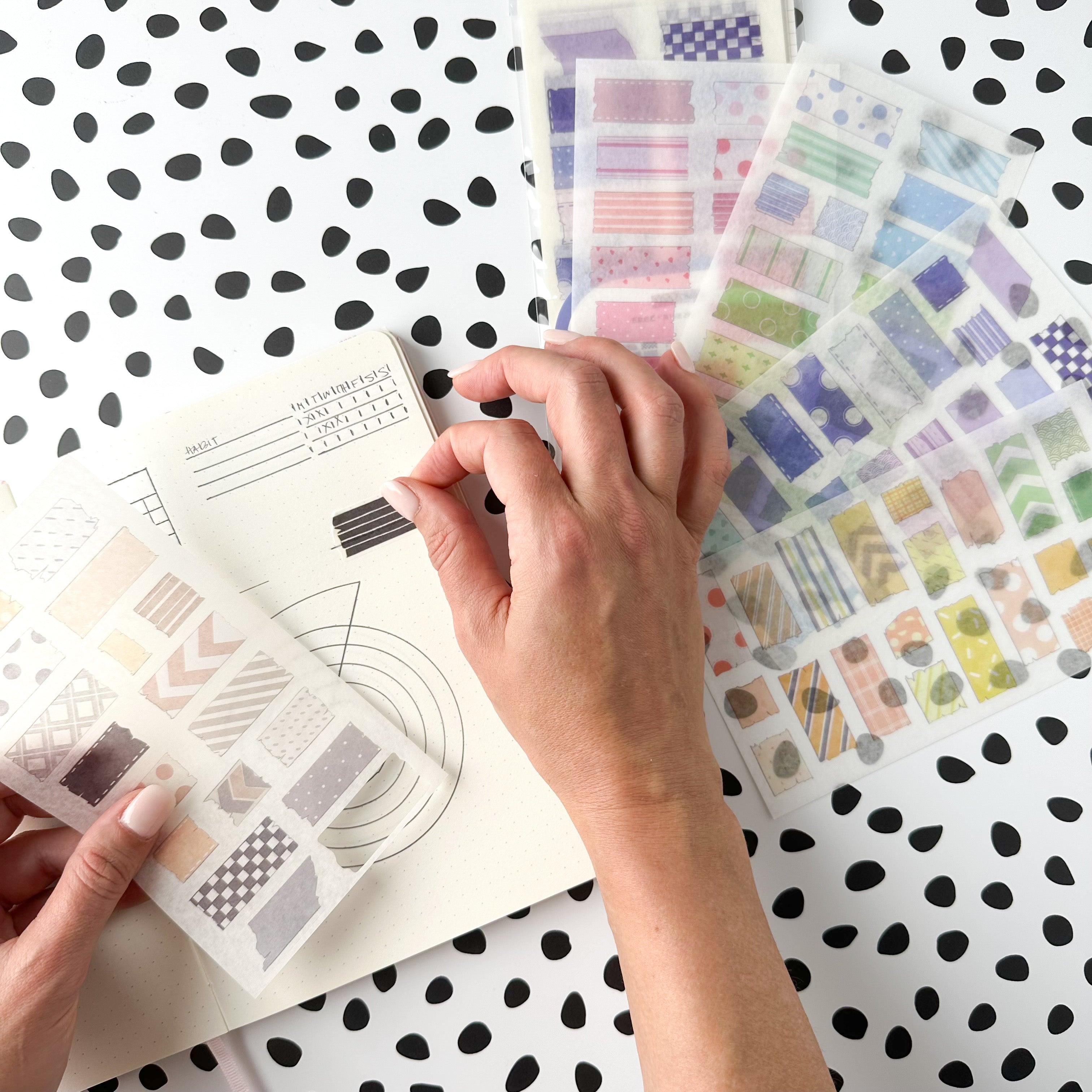 Explore creativity with our Colorful Washi Tape Shaped Sticker Sheets, featuring a variety of colorful washi tape-inspired sticker shapes. Perfect for adding playful and decorative accents to your projects. These stickers are sold at BBB Supplies Craft Shop.