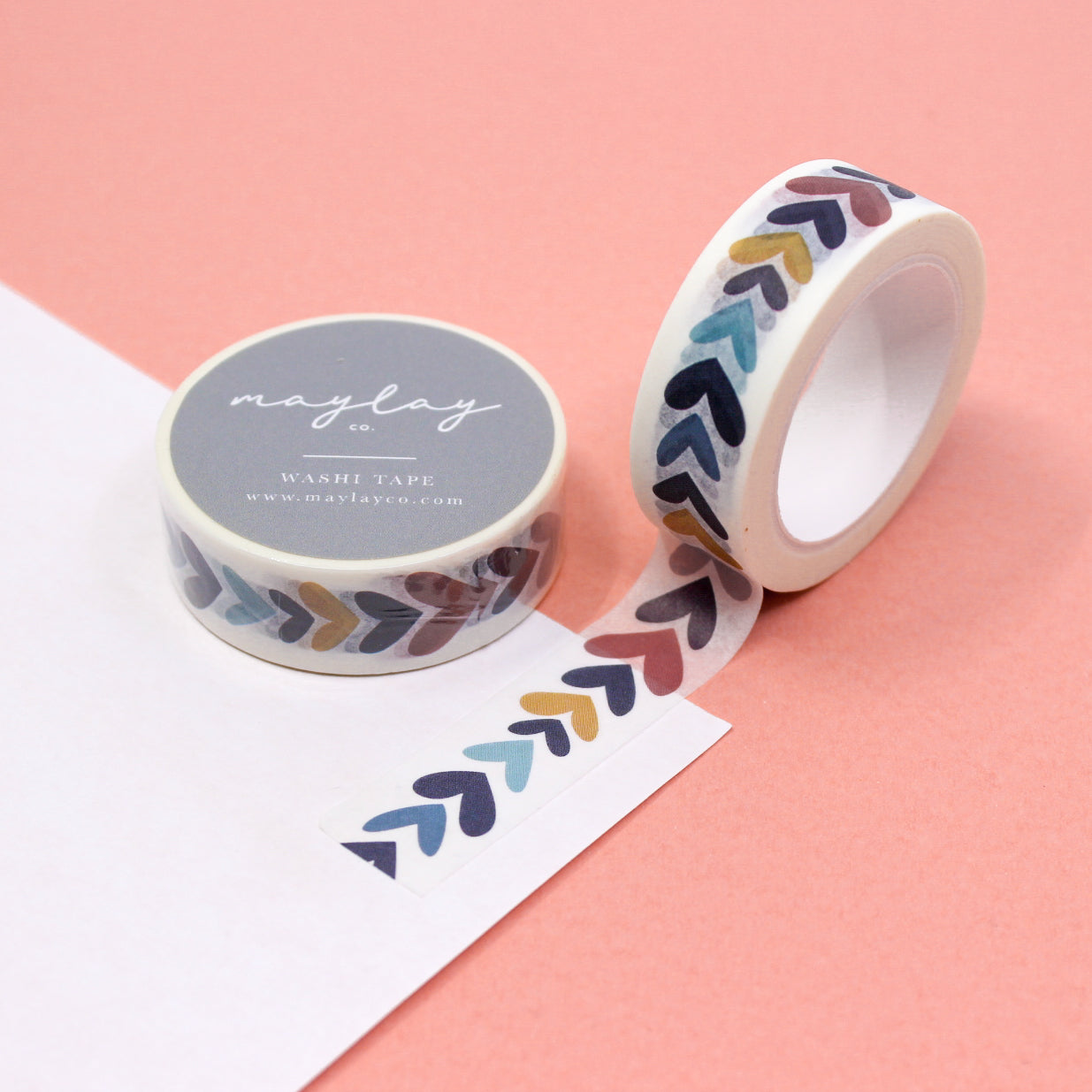 Colorful Hearts Heartwood Washi Tape featuring vibrant, multicolored hearts in a lively pattern, ideal for adding a playful touch to your crafts and designs.. This tape is from Maylay Co. and sold at BBB Supplies Craft Shop.