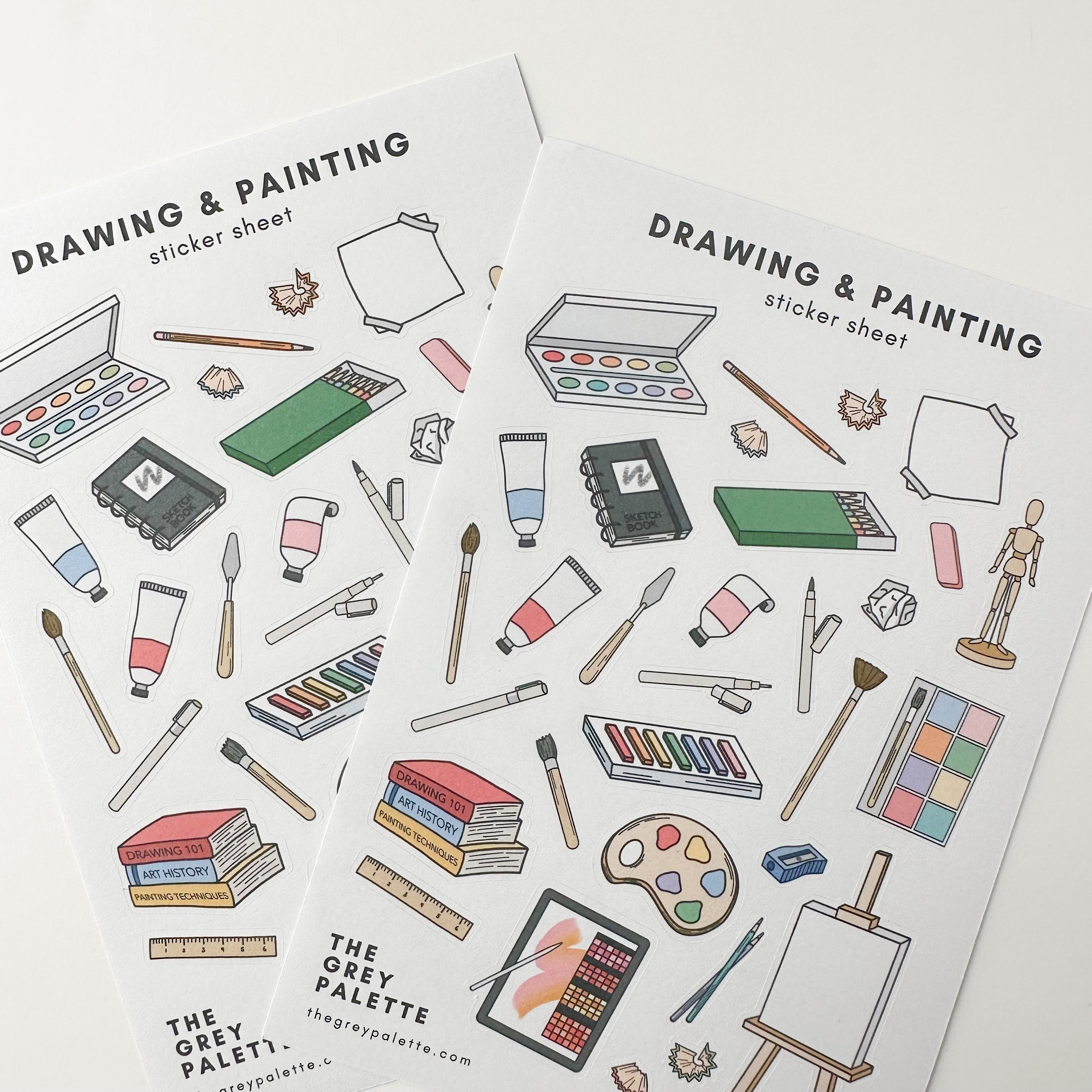 This sticker sheet freatures illusrations of paining and drawing tools perfect for a craft enthusiast or journaling addict. This sticker sheet is designed by The Grey Palette and sold at BBB Supplies Craft Shop.