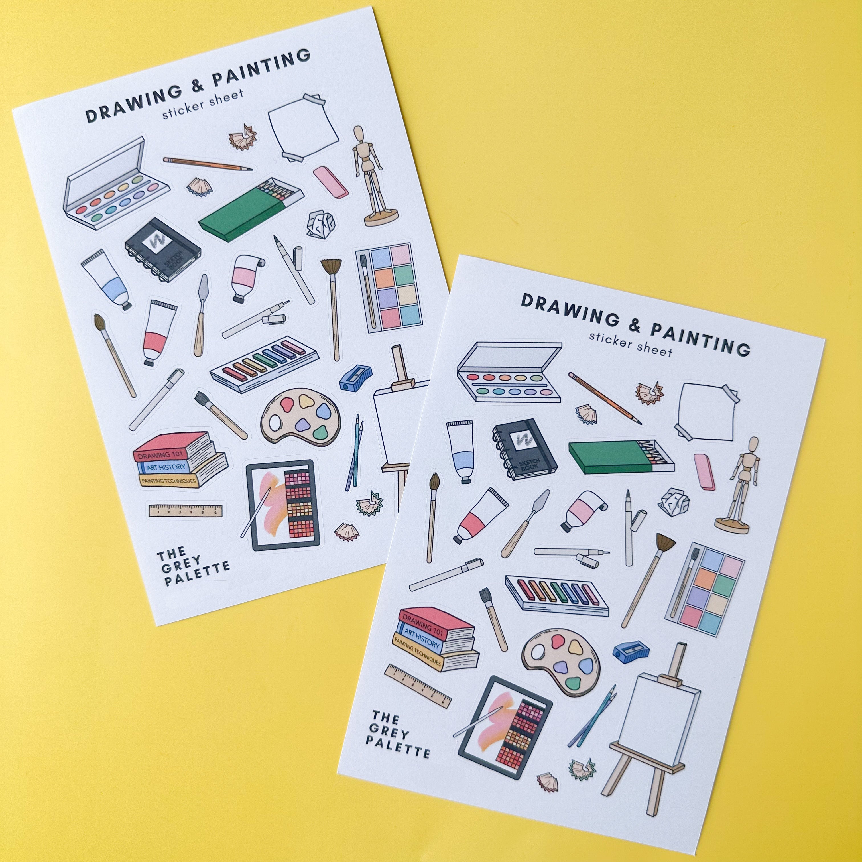 This sticker sheet freatures illusrations of paining and drawing tools perfect for a craft enthusiast or journaling addict. This sticker sheet is designed by The Grey Palette and sold at BBB Supplies Craft Shop.