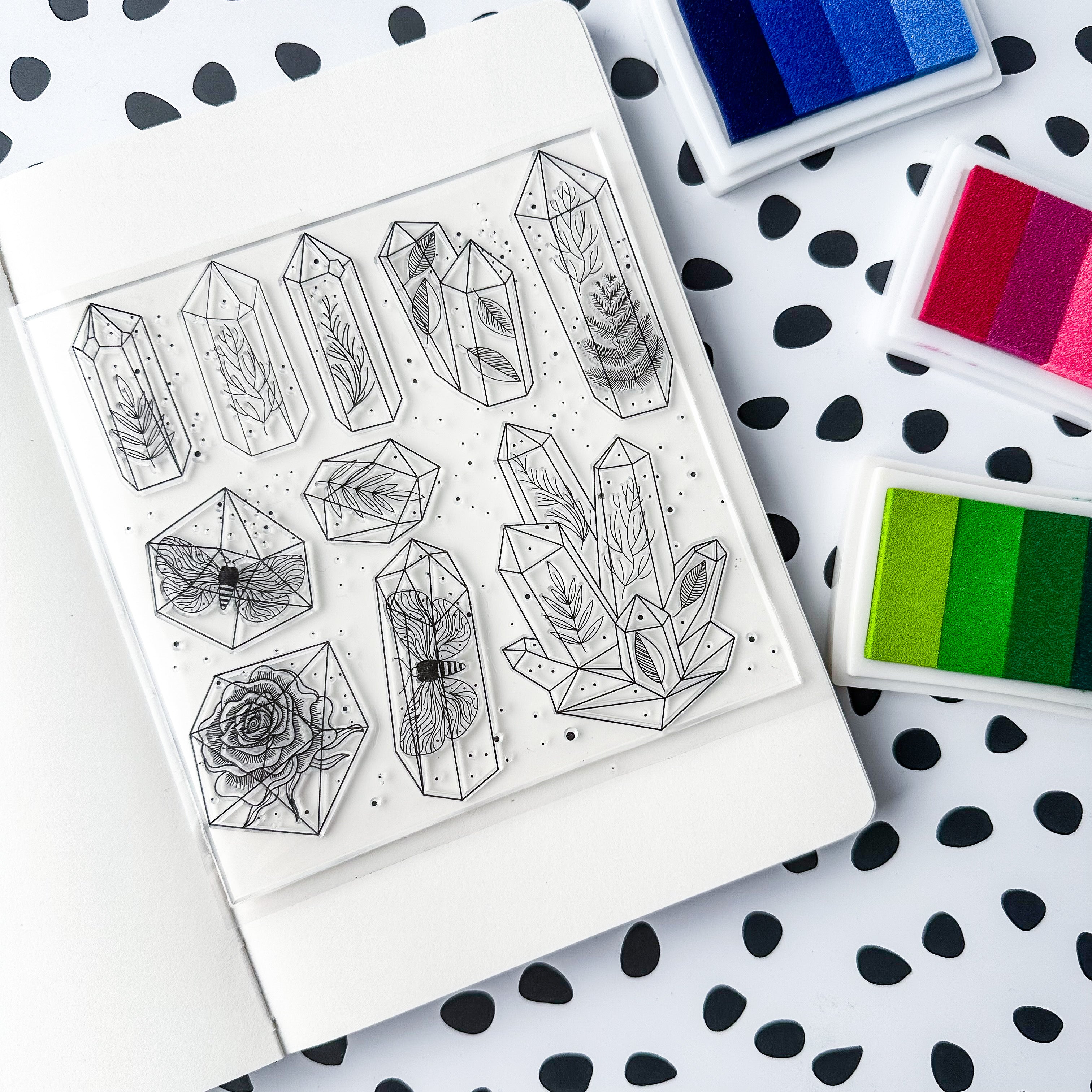 Add a touch of natural beauty to your crafts with these crystal geode stamps. Perfect for adding a mystical and earthy vibe to your journals, scrapbooks, and more! This stamp set is sold at BBB Supplies Craft Shop.