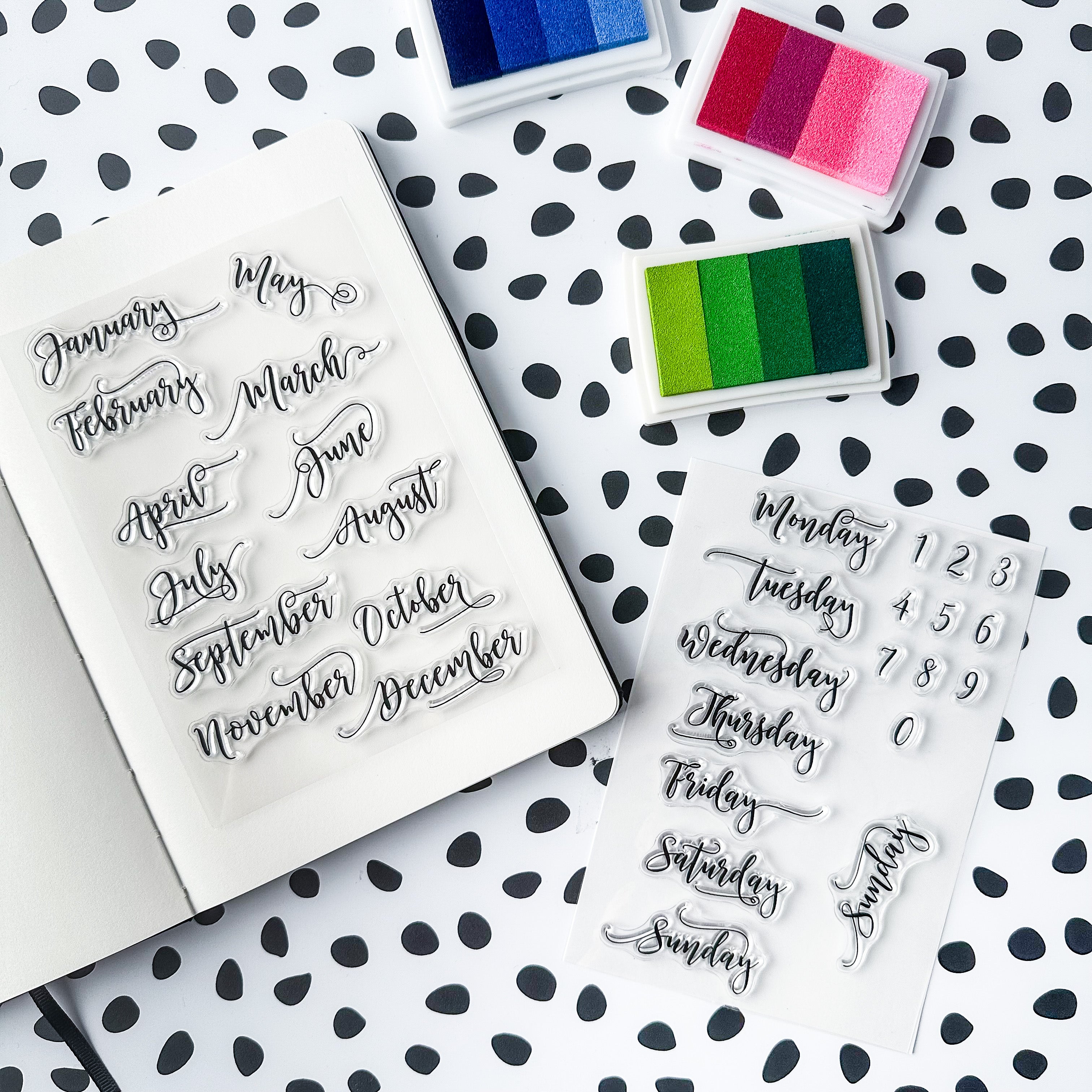Add elegance to your planning with these beautiful cursive script stamps. Perfect for marking dates, events, or adding a personal touch to your planner, these stamps are versatile and stylish. Use them to create headers, titles, or highlight important dates in your monthly spreads. These stamps are sold at BBB Supplies Craft Shop.