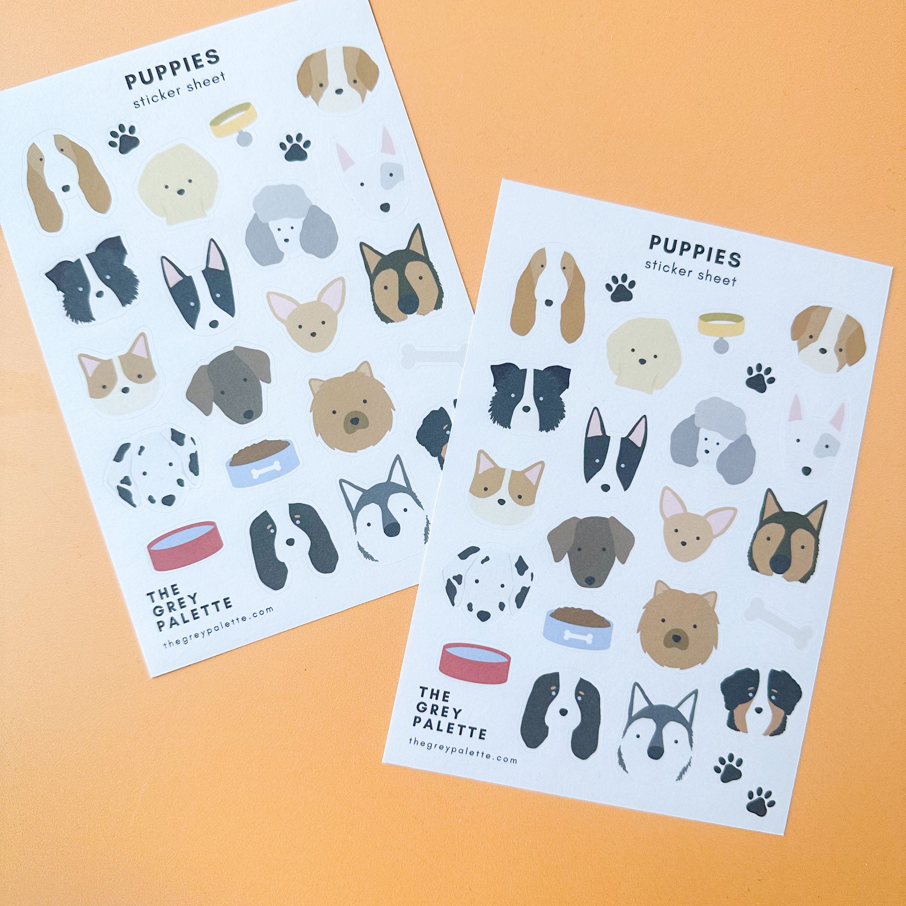 Dog Pups Sticker Sheet featuring various cute dog breeds and playful puppy illustrations for journals, planners, and craft projects.