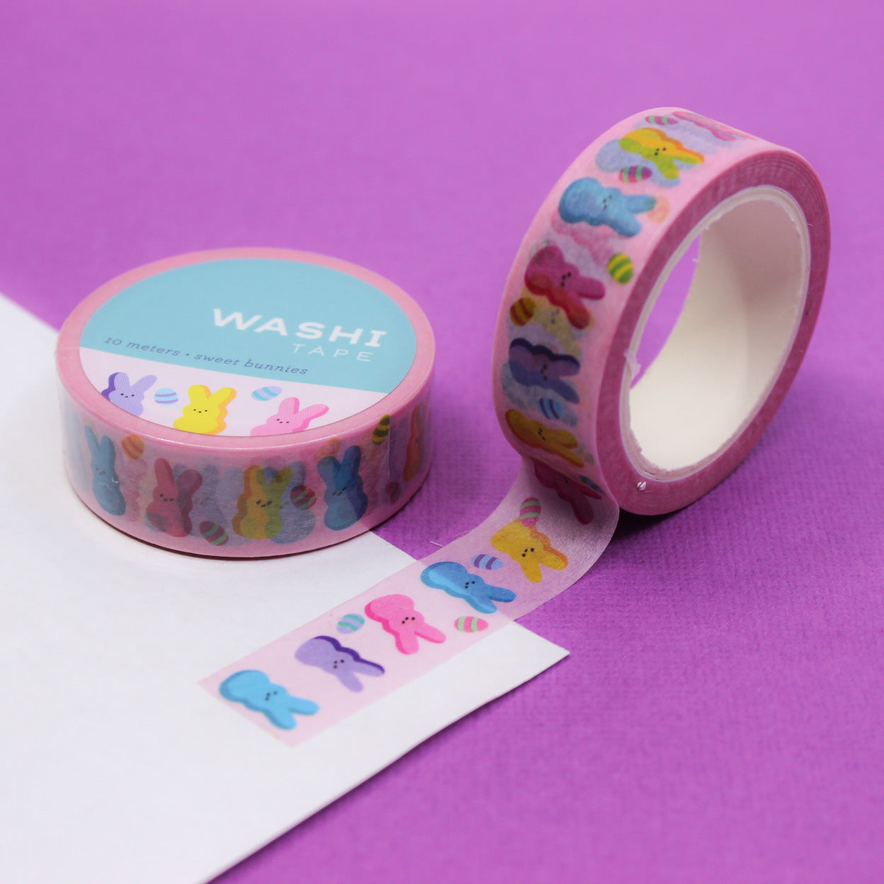 Add a sweet and whimsical touch to your Easter crafts with this delightful washi tape featuring cute bunnies and colorful candies. Perfect for decorating Easter cards, gift wrapping, and more. This tape is designed by Girl of Work and sold at BBB Supplies Craft Shop.