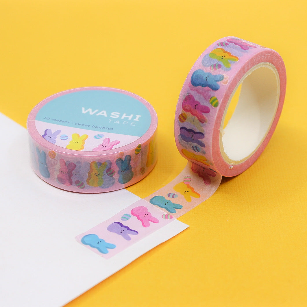 Add a sweet and whimsical touch to your Easter crafts with this delightful washi tape featuring cute bunnies and colorful candies. Perfect for decorating Easter cards, gift wrapping, and more. This tape is designed by Girl of Work and sold at BBB Supplies Craft Shop.