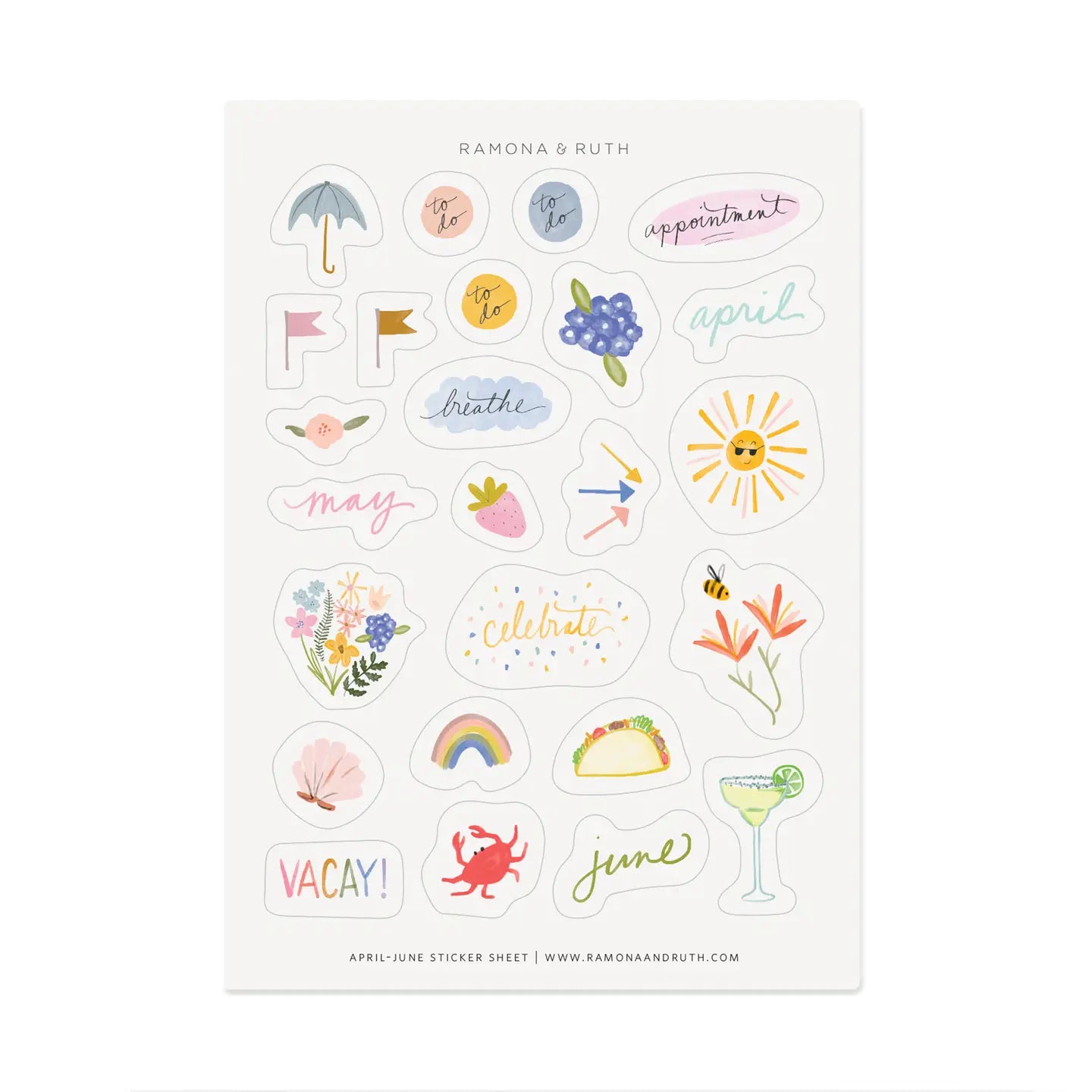 Sheet of decorative stickers with various designs from April–June with modern spring and summer illustrations and text on a white background