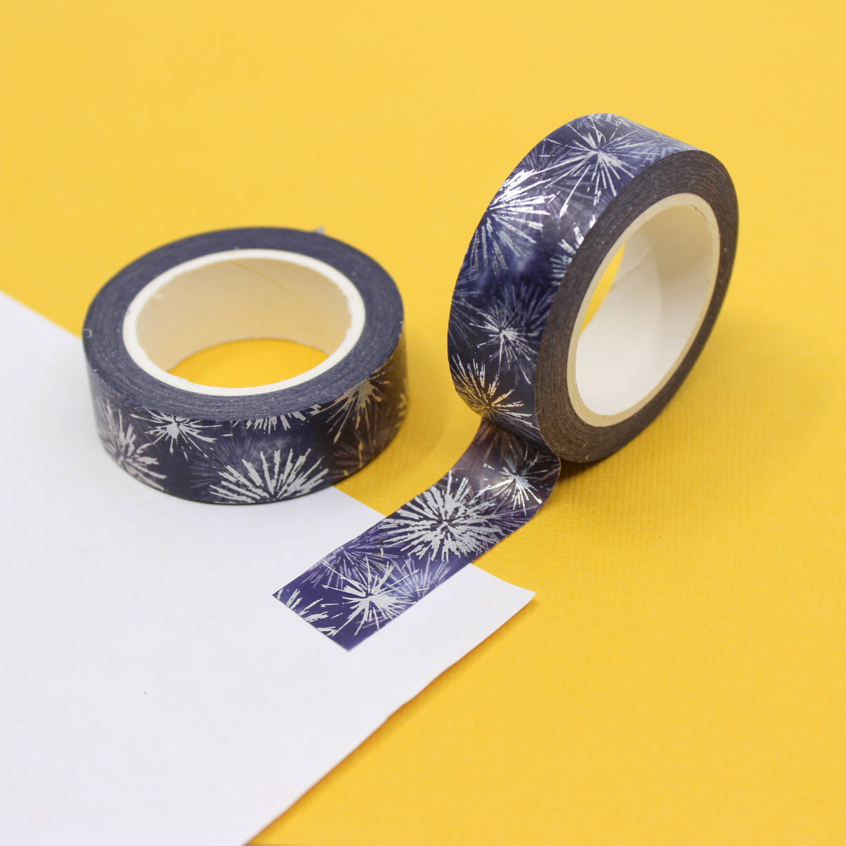 BLue washi tape with sparkling silver foil fireworks accents