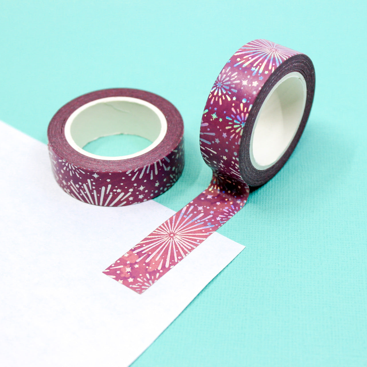 Red washi tape with sparkling silver foil fireworks accents