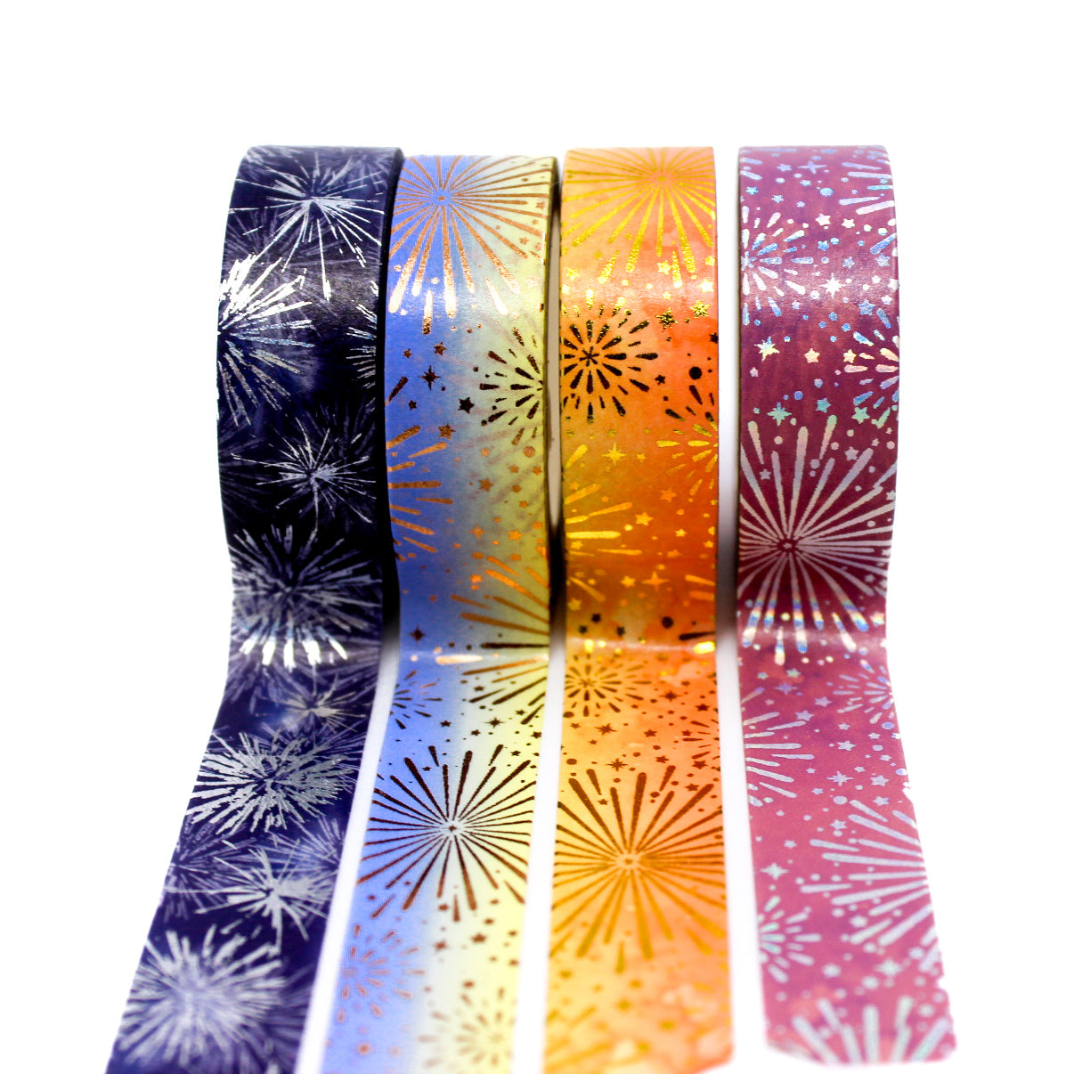 Silver and gold foil celebration washi tape with blue background and fireworks