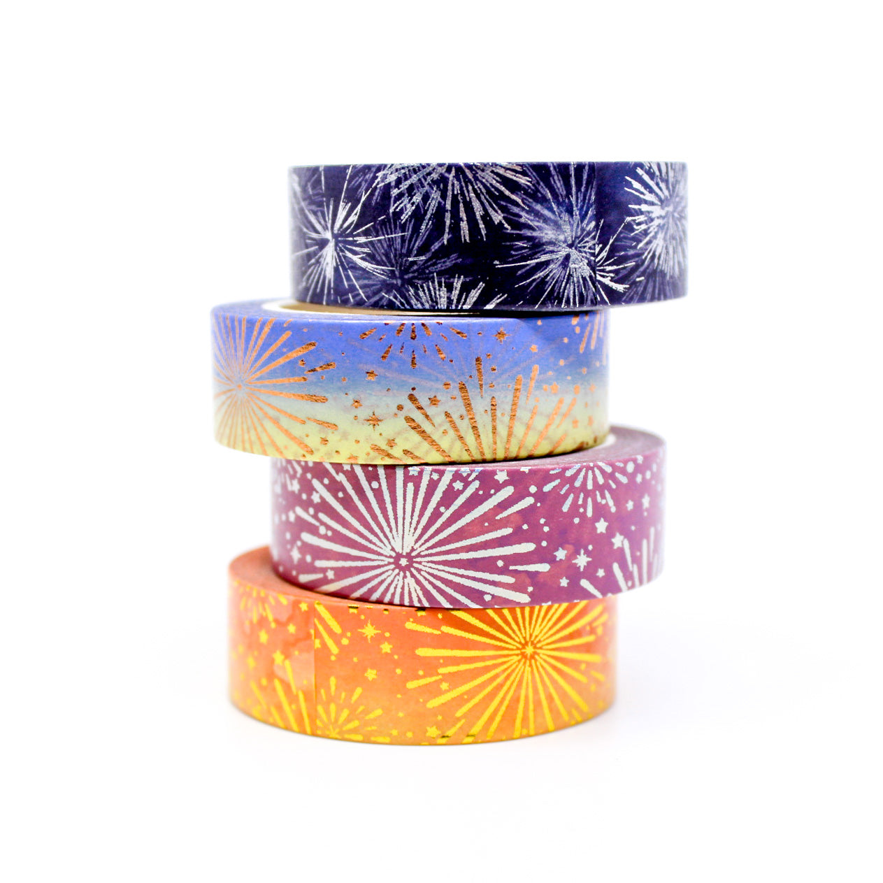 Foil fireworks washi in assorted colors: red, blue, orange, and blue/yellow