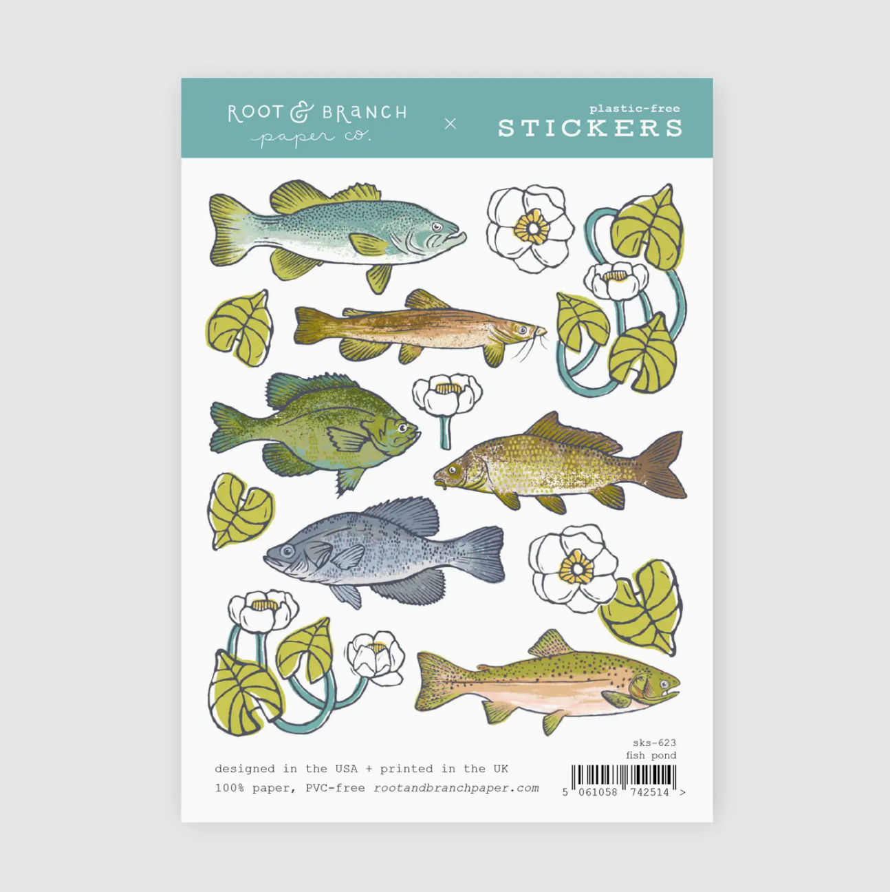 Fish Pond Sticker sheets featuring woodland animals, greenery, mushrooms, and nature-themed illustrations perfect for journals, planners, and crafting.
