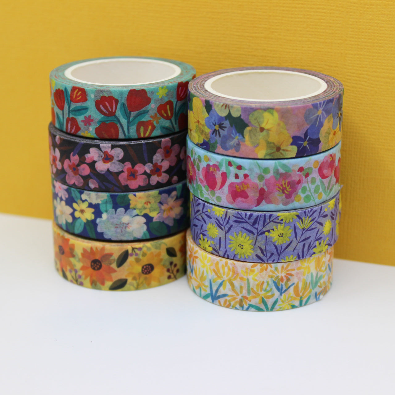 These vibrant florals can add beauty and life to any journal spread, BUJO, or Planner. This is the complete collection of floral washi tapes that are designed by Girl of All Work and sold at BBB Supplies Craft Shop.