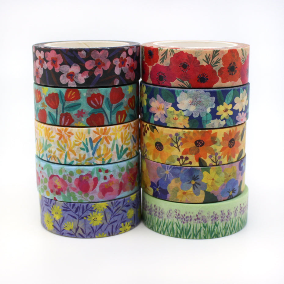 These vibrant florals can add beauty and life to any journal spread, BUJO, or Planner. This is the complete collection of floral washi tapes that are designed by Girl of All Work and sold at BBB Supplies Craft Shop.