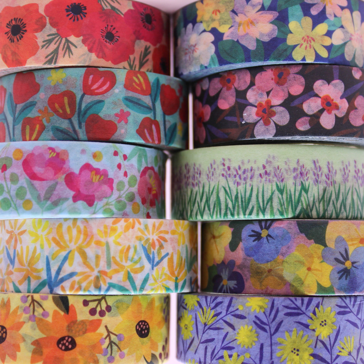 These vibrant florals can add beauty and life to any journal spread, BUJO, or Planner. This is the complete collection of floral washi tapes that are designed by Girl of All Work and sold at BBB Supplies Craft Shop.