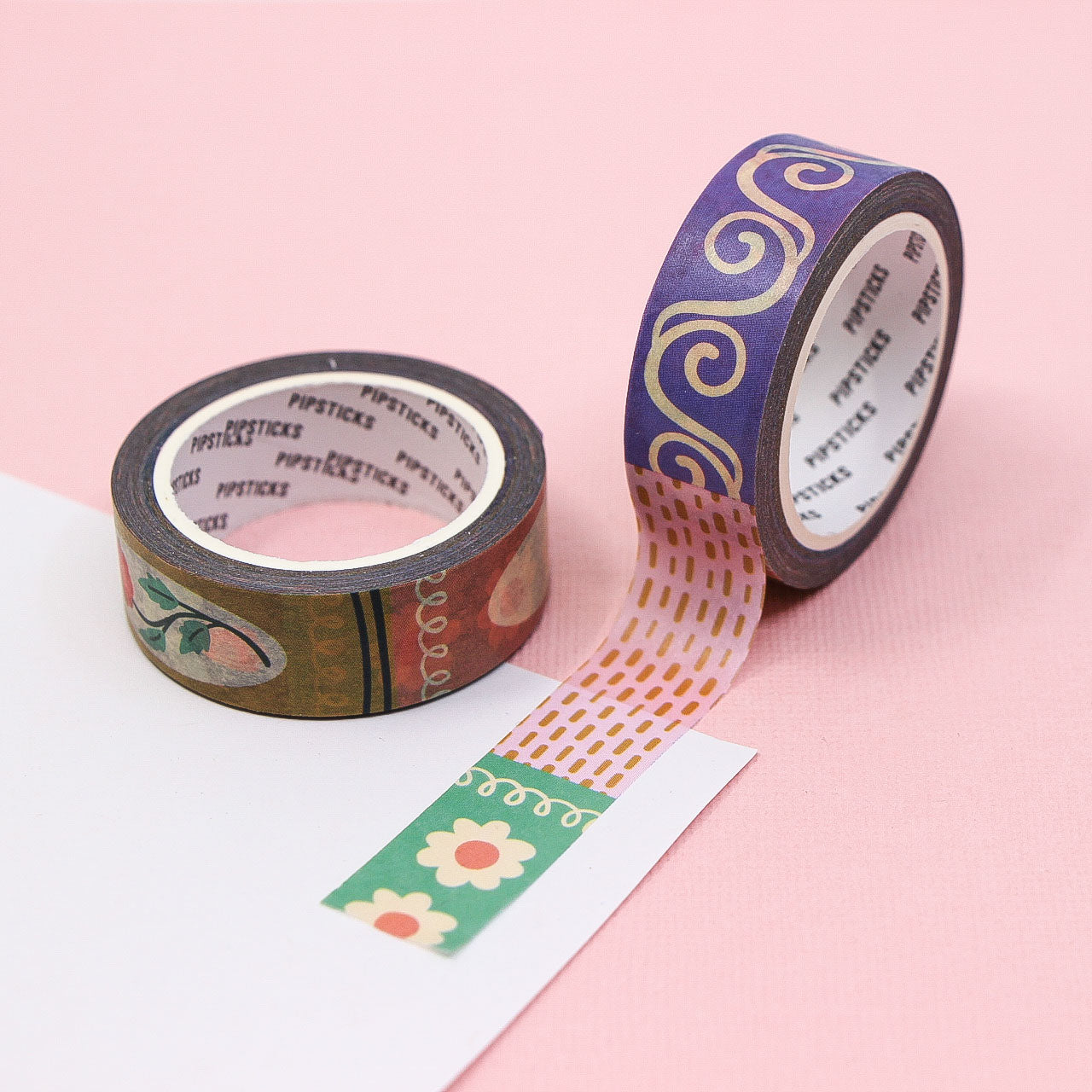Folksy frame washi tape with pastel patterns in pink, blue, and green