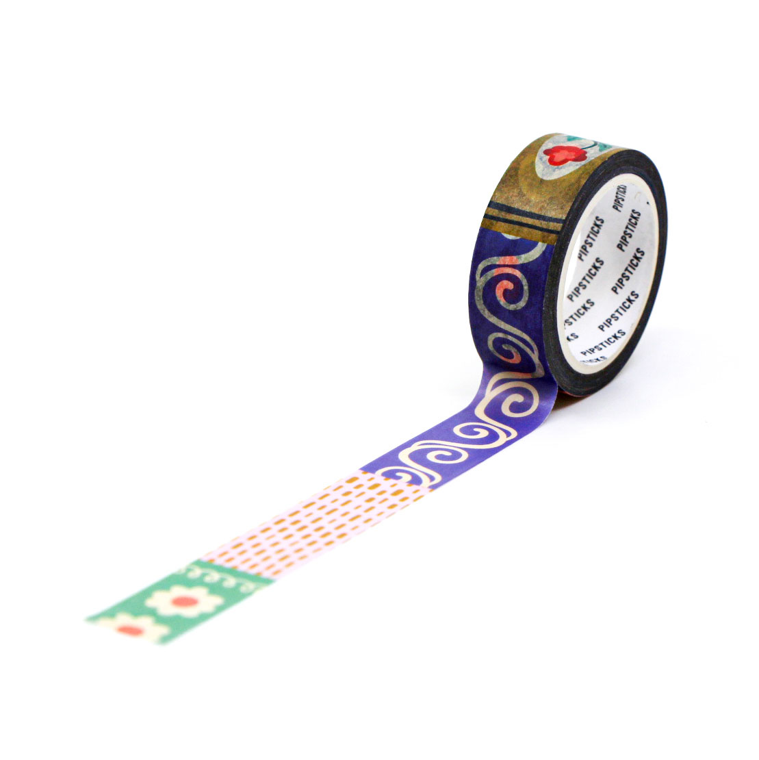 Decorative pastel washi tape featuring stitched folk-style borders
