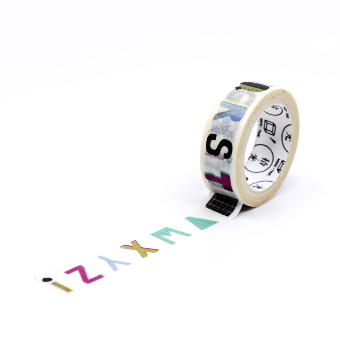 Close-up of alphabet patterned washi tape for planners and scrapbooking.