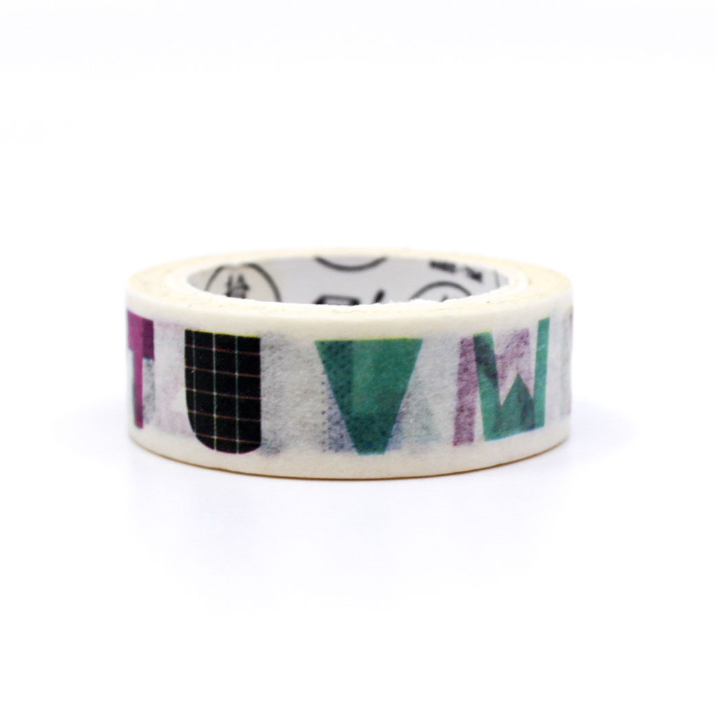 Decorative washi tape featuring bright A–Z letters in mixed styles.