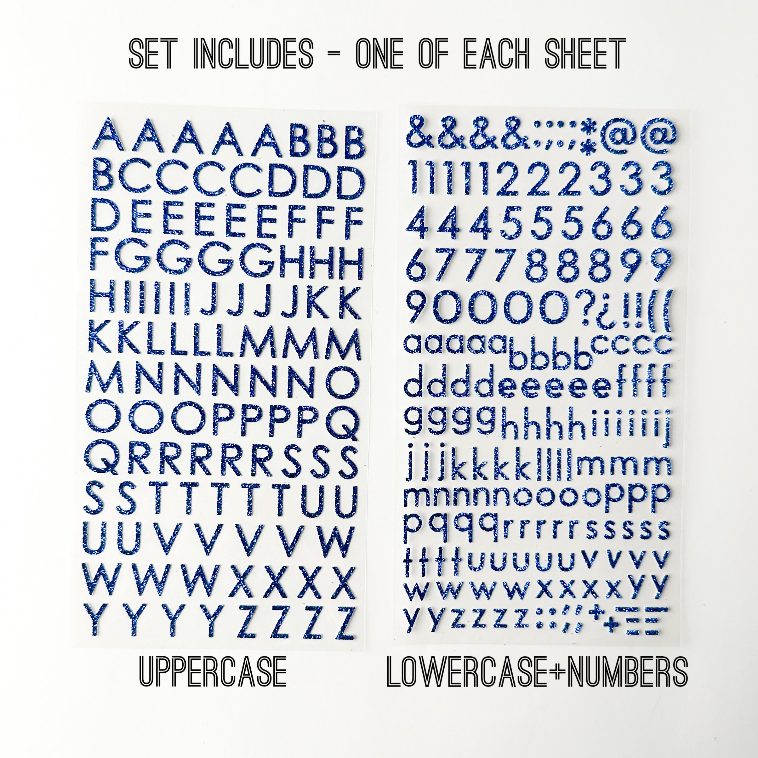 Add sparkle to your crafts with our glitter blue color letter stickers, featuring a shimmering assortment of letters in a vibrant spectrum of colors. These sticker sheets are sold at BBB Supplies Craft Shop.