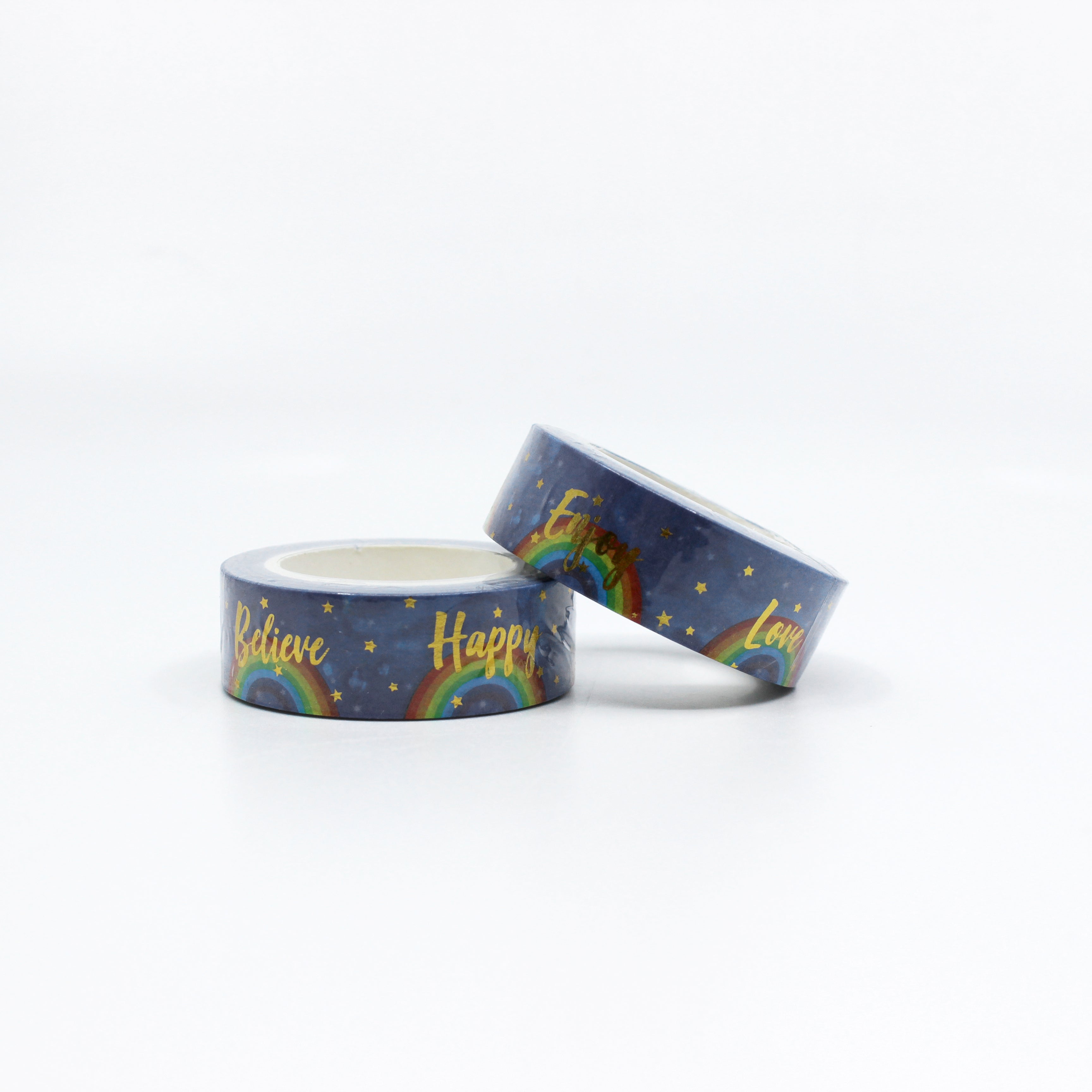 Elevate your crafts with our Gold Foil Positive Words & Rainbows Washi Tape, featuring uplifting phrases and vibrant rainbow designs in shimmering gold foil. Ideal for adding positivity and style to your projects. This tape is sold at BBB Supplies Craft Shop.