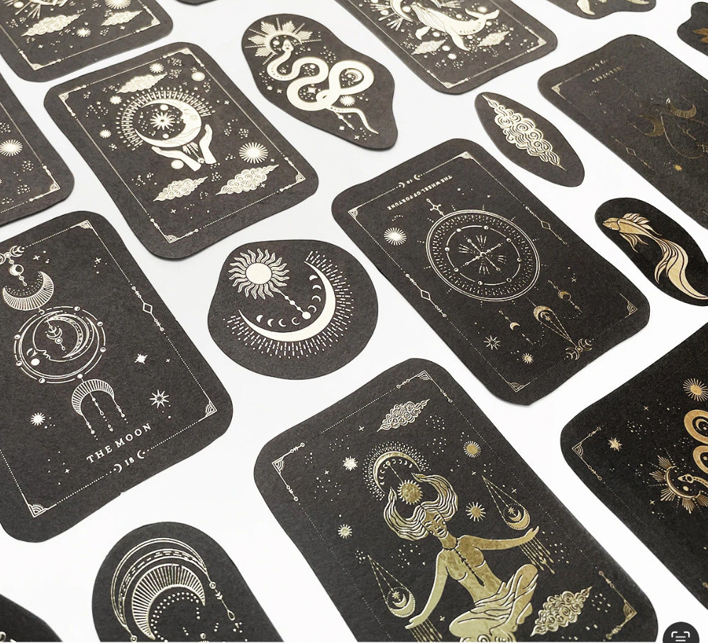 Elegant spiritual stickers with tarot designs and celestial symbols