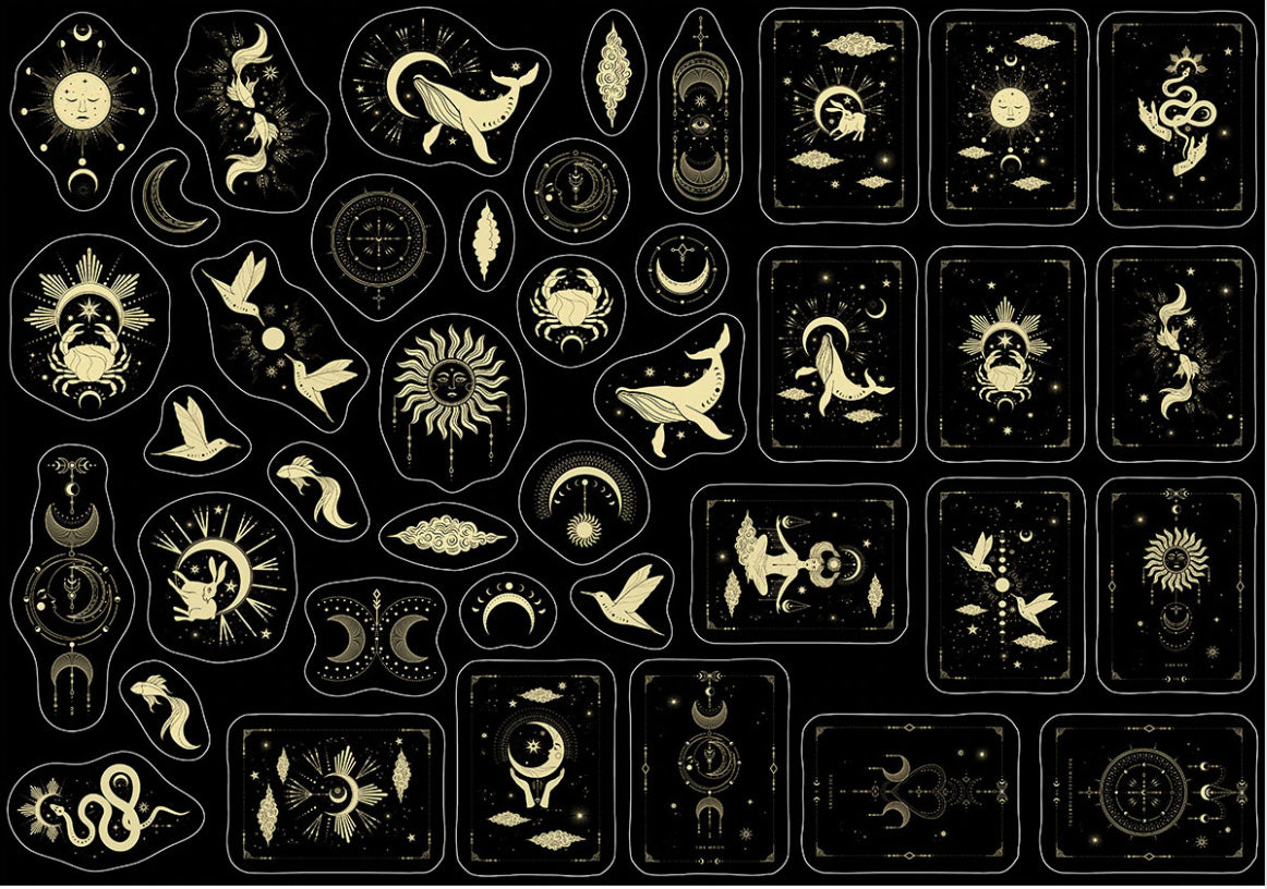 Elegant spiritual stickers with tarot designs and celestial symbols