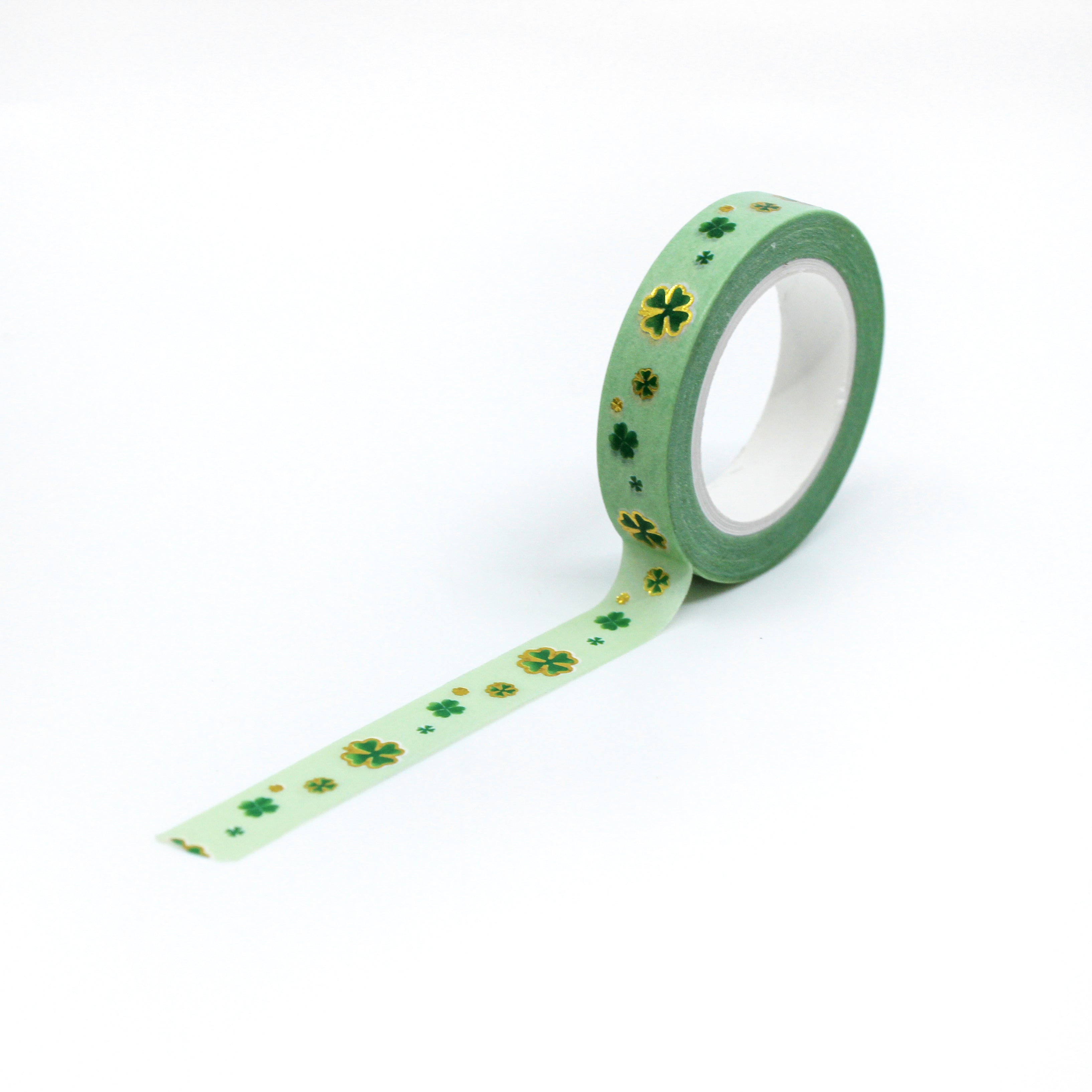 Green & Gold Foil Clover Washi Tape: Celebrate St. Patrick's Day or add a touch of luck to your projects with this charming washi tape featuring a pattern of green clovers accented with gold foil. Ideal for crafts, cards, and decor. This tape is sold at BBB Supplies craft Shop.