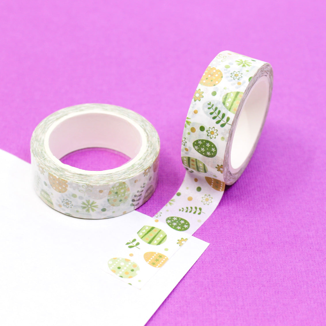 This delightful washi tape features a charming pattern of green and yellow Easter eggs, perfect for adding a festive touch to your Easter crafts and decorations. This tape is sold at BBB Supplies Craft Shop.