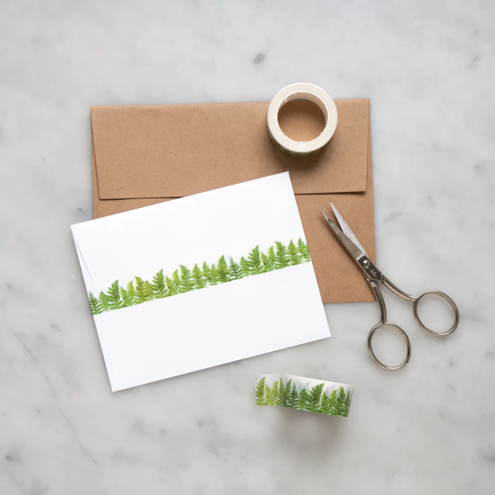 Bring the beauty of nature to your projects with our green ferns washi tape, featuring a captivating pattern of lush and verdant fern leaves. This tape is designed by Bottle Branch and sold at BBB Supplies Craft Shop.