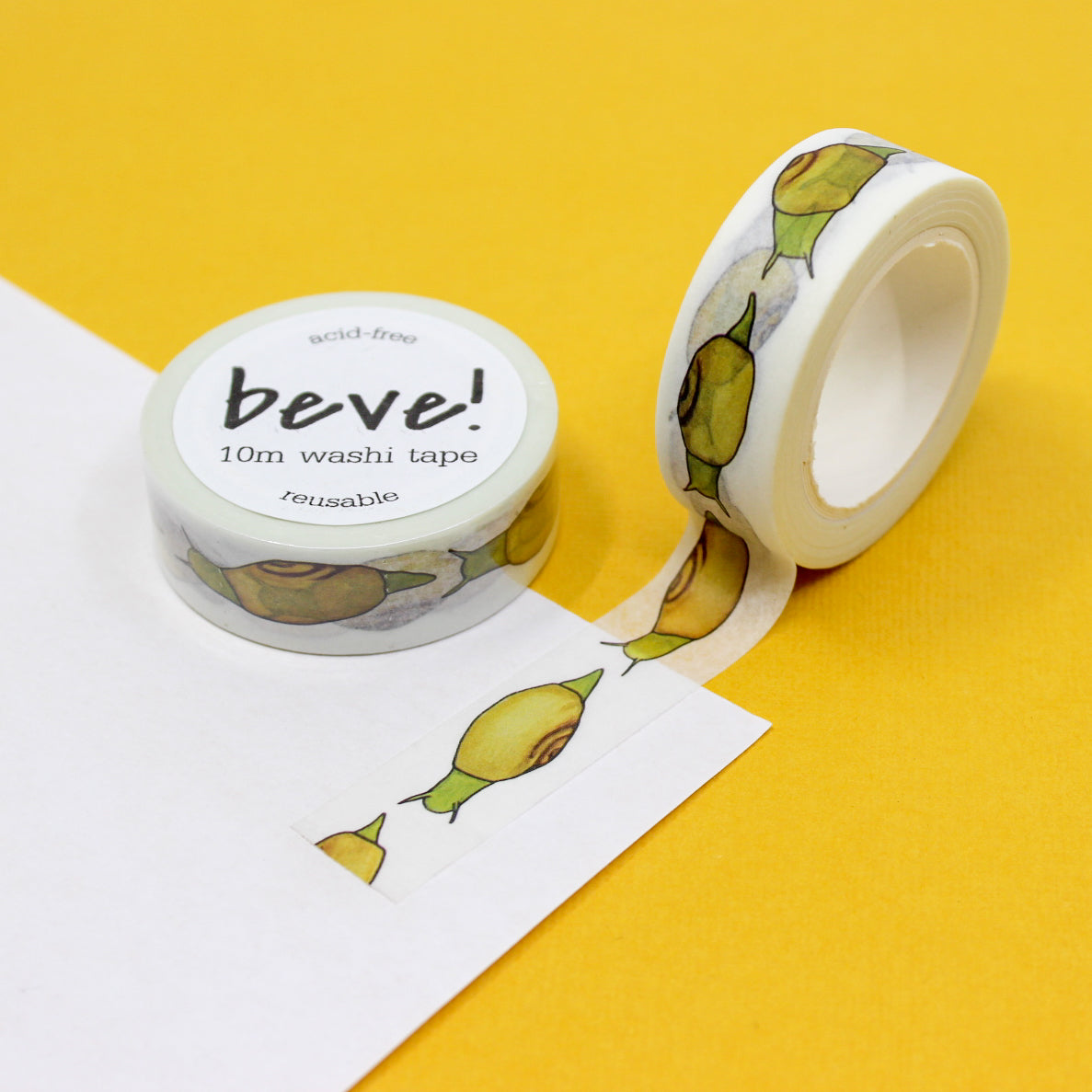 Explore nature's wonders with our Green Slugs and Snail Washi Tape, featuring cute illustrations of slugs and snails in various shades of green. Ideal for adding a touch of whimsical charm to your crafts. This tape is from Beve! and sold at BBB Supplies Craft Shop.