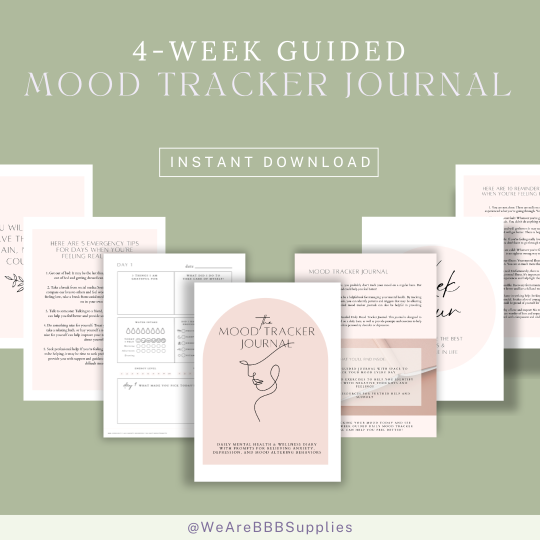 Four-week mood tracker journal PDF with daily prompts, quotes, and wellness tips
