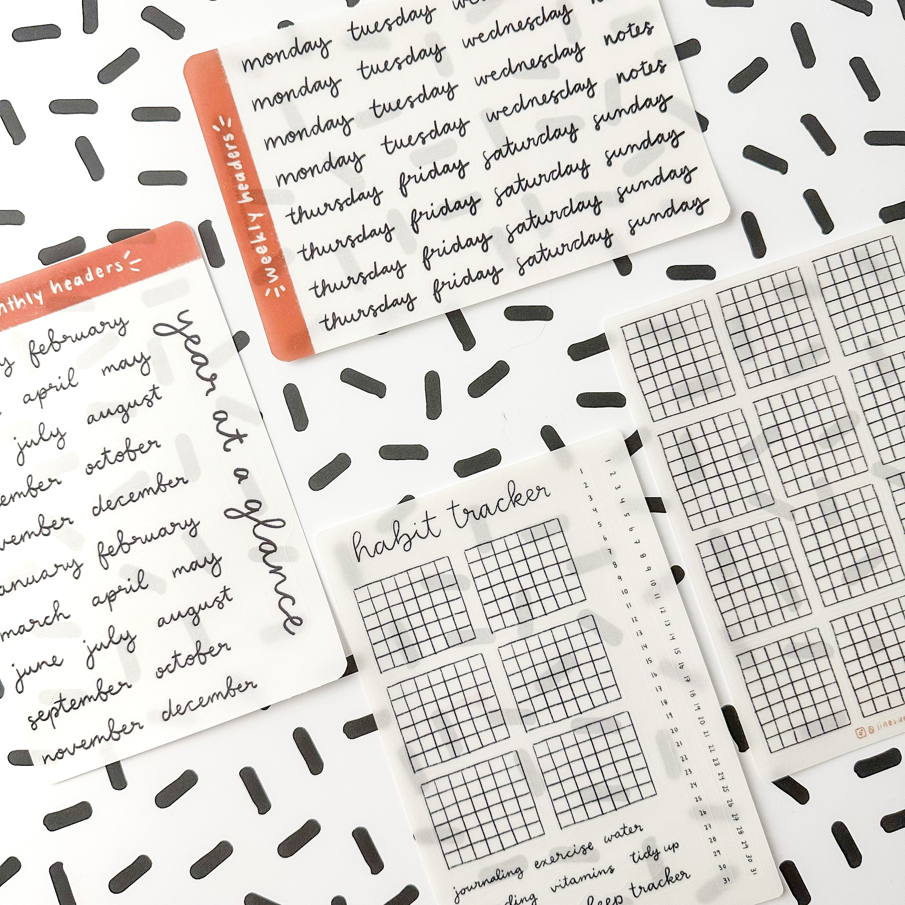 his sticker sheet includes peel-and-stick grids designed for habit tracking. Organize your habits and goals with ease, making progress visible and motivating. These stickers are from Lines and Colors Design and sold at BBB Supplies Craft Shop.