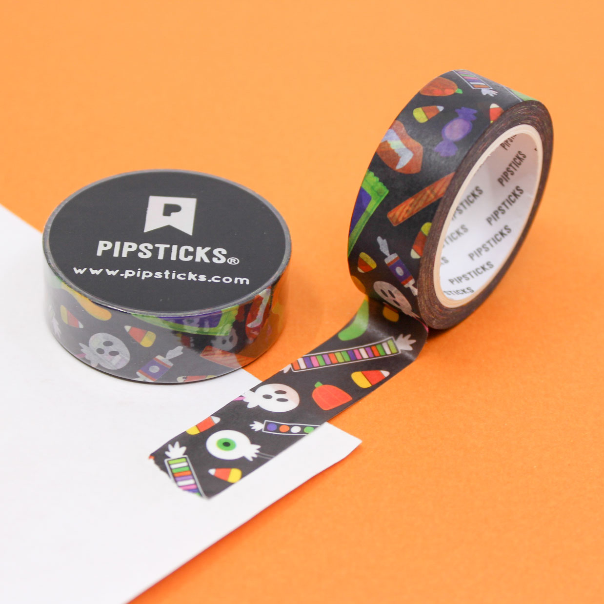 Halloween Candy Washi Tape featuring colorful candy designs like candy corn, lollipops, and sweets, perfect for Halloween crafts, planners, and party decor.