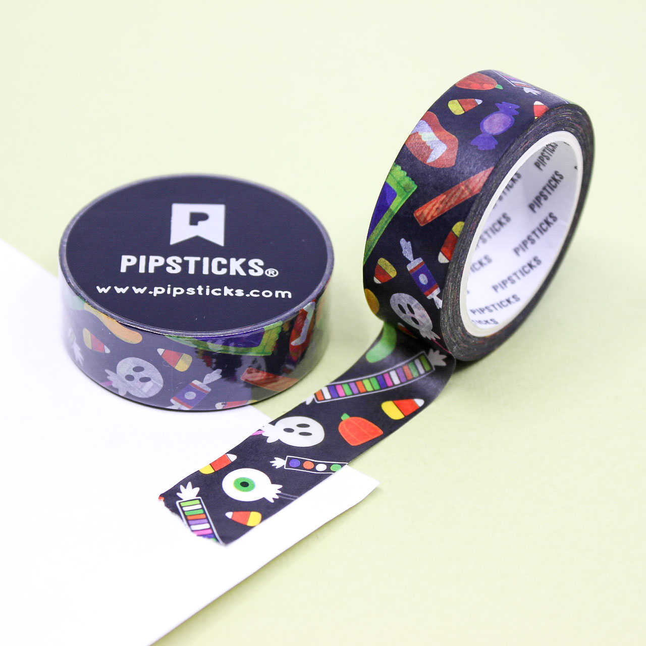 Halloween Candy Washi Tape featuring colorful candy designs like candy corn, lollipops, and sweets, perfect for Halloween crafts, planners, and party decor.