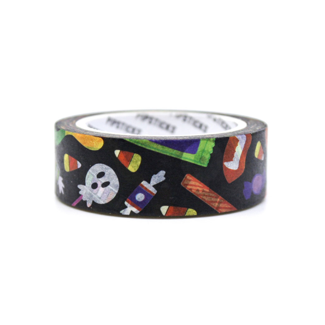 Halloween Candy Washi Tape featuring colorful candy designs like candy corn, lollipops, and sweets, perfect for Halloween crafts, planners, and party decor.