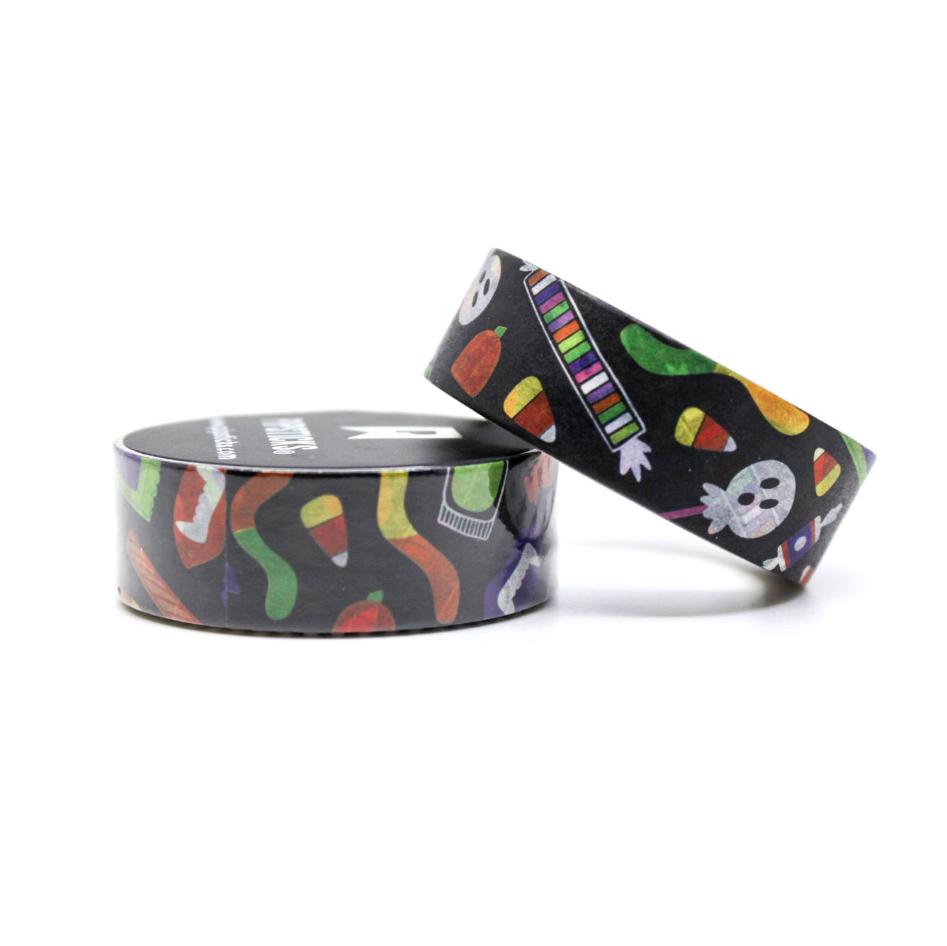 Halloween Candy Washi Tape featuring colorful candy designs like candy corn, lollipops, and sweets, perfect for Halloween crafts, planners, and party decor.