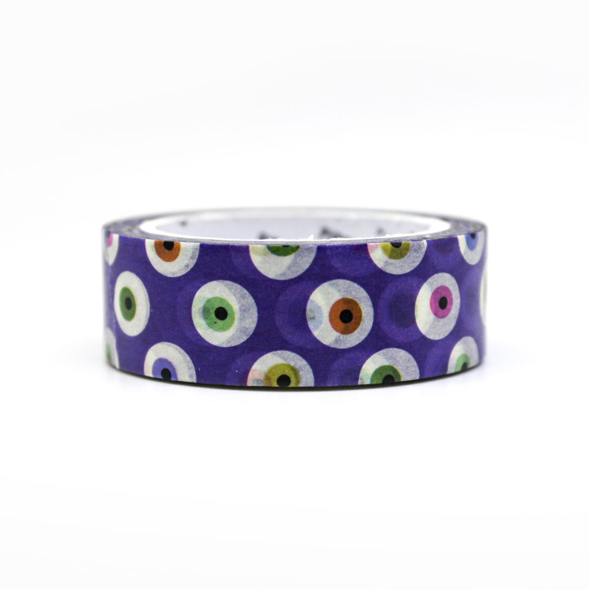 Purple Monster Eyes Washi Tape with quirky monster eyes on a bold purple background, perfect for Halloween crafts, planners, and spooky-themed projects.