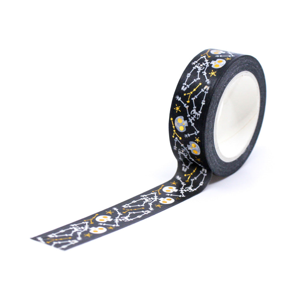 Embrace the macabre with our Gold Foil Skull and Bones Washi Tape, featuring a stylish pattern of skulls and bones in shimmering gold foil. Ideal for adding a touch of elegance to your spooky projects. This tape is sold at BBB Supplies craft Shop.
