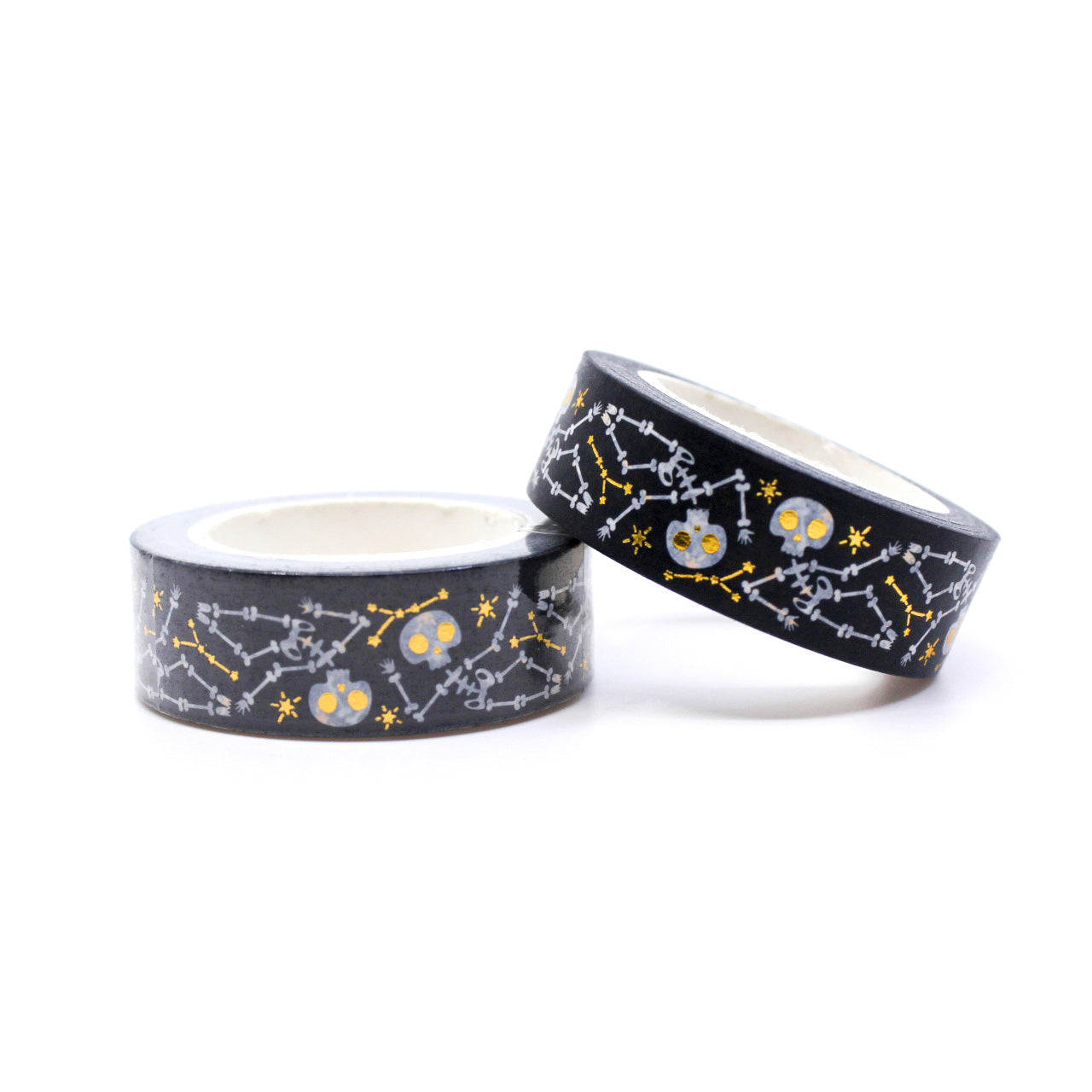 Embrace the macabre with our Gold Foil Skull and Bones Washi Tape, featuring a stylish pattern of skulls and bones in shimmering gold foil. Ideal for adding a touch of elegance to your spooky projects. This tape is sold at BBB Supplies craft Shop.