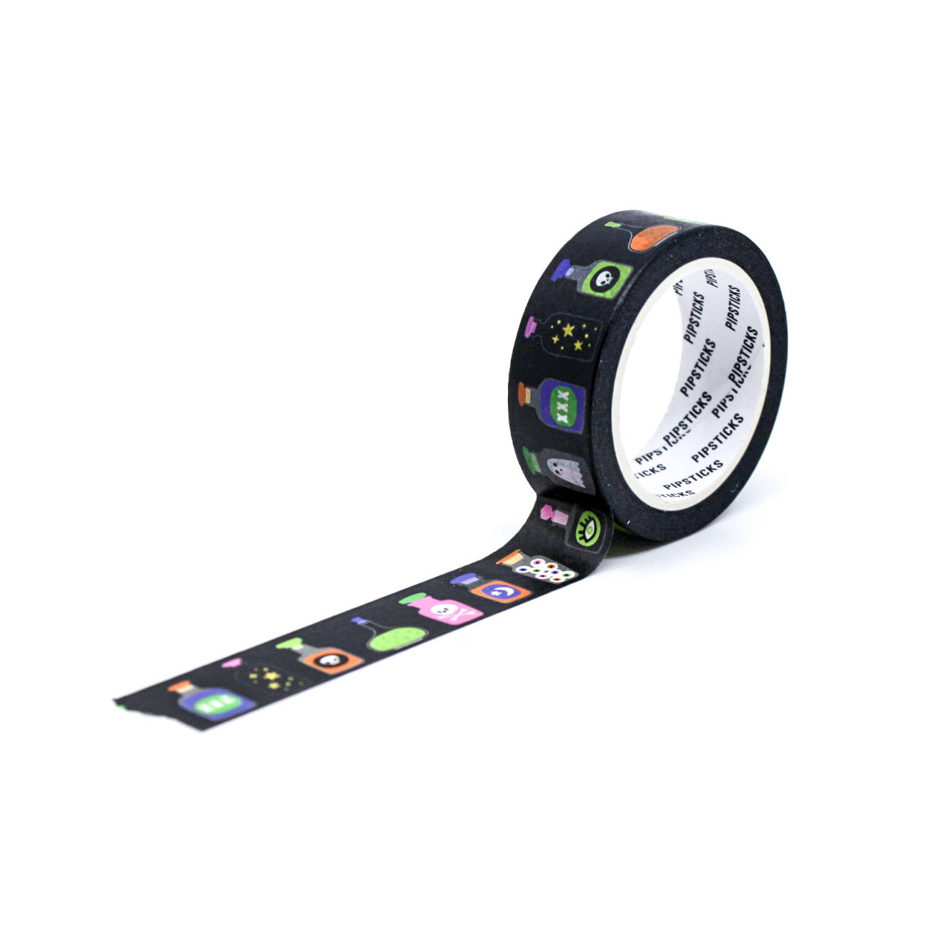 Magic Touch Witches Potion Washi Tape with potion bottles, cauldrons, stars, and moons, perfect for Halloween crafts, planners, and magical-themed projects.