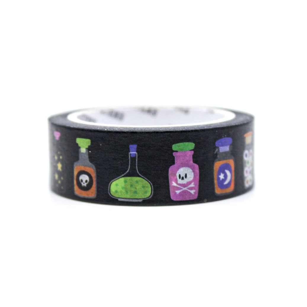 Magic Touch Witches Potion Washi Tape with potion bottles, cauldrons, stars, and moons, perfect for Halloween crafts, planners, and magical-themed projects.
