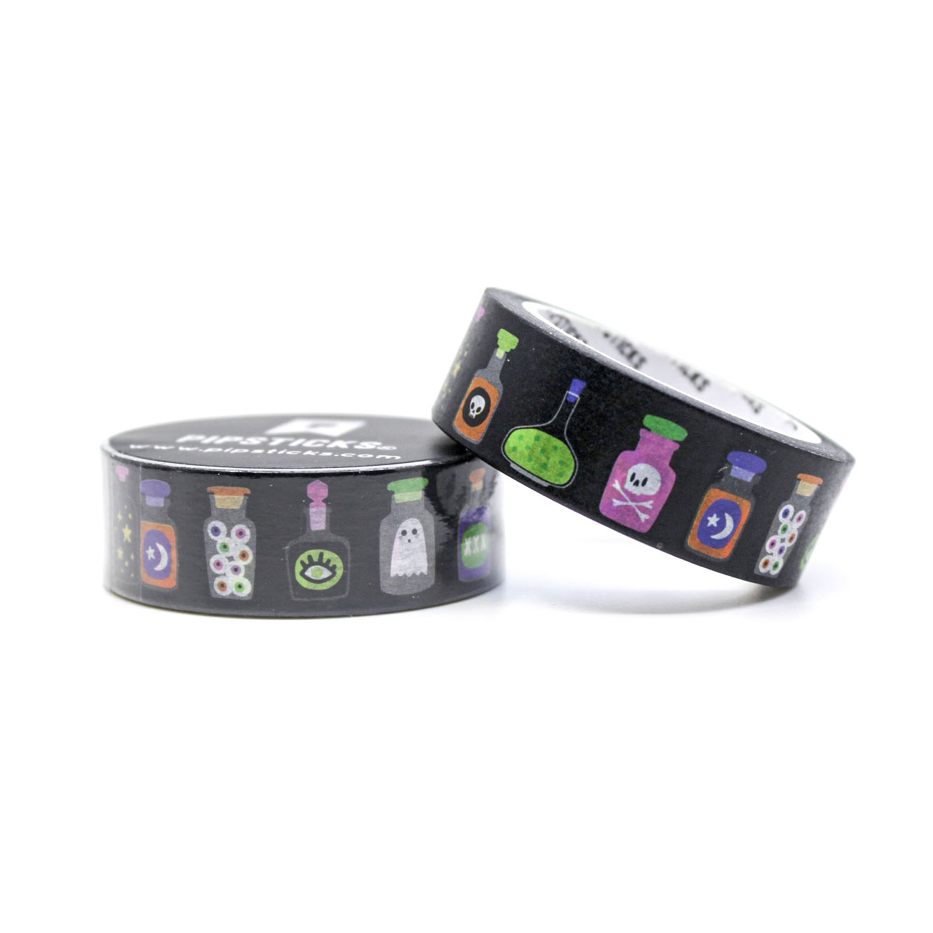 Magic Touch Witches Potion Washi Tape with potion bottles, cauldrons, stars, and moons, perfect for Halloween crafts, planners, and magical-themed projects.